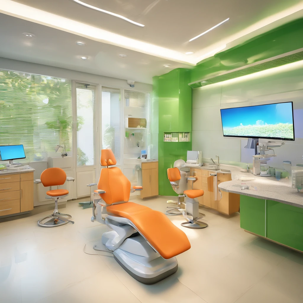 A bright and welcoming dental office, full of modern green dental chairs, the dentist with chewing gum and a dental brace in his hand and smiling patients, a boy receiving first-rate care from our qualified team.