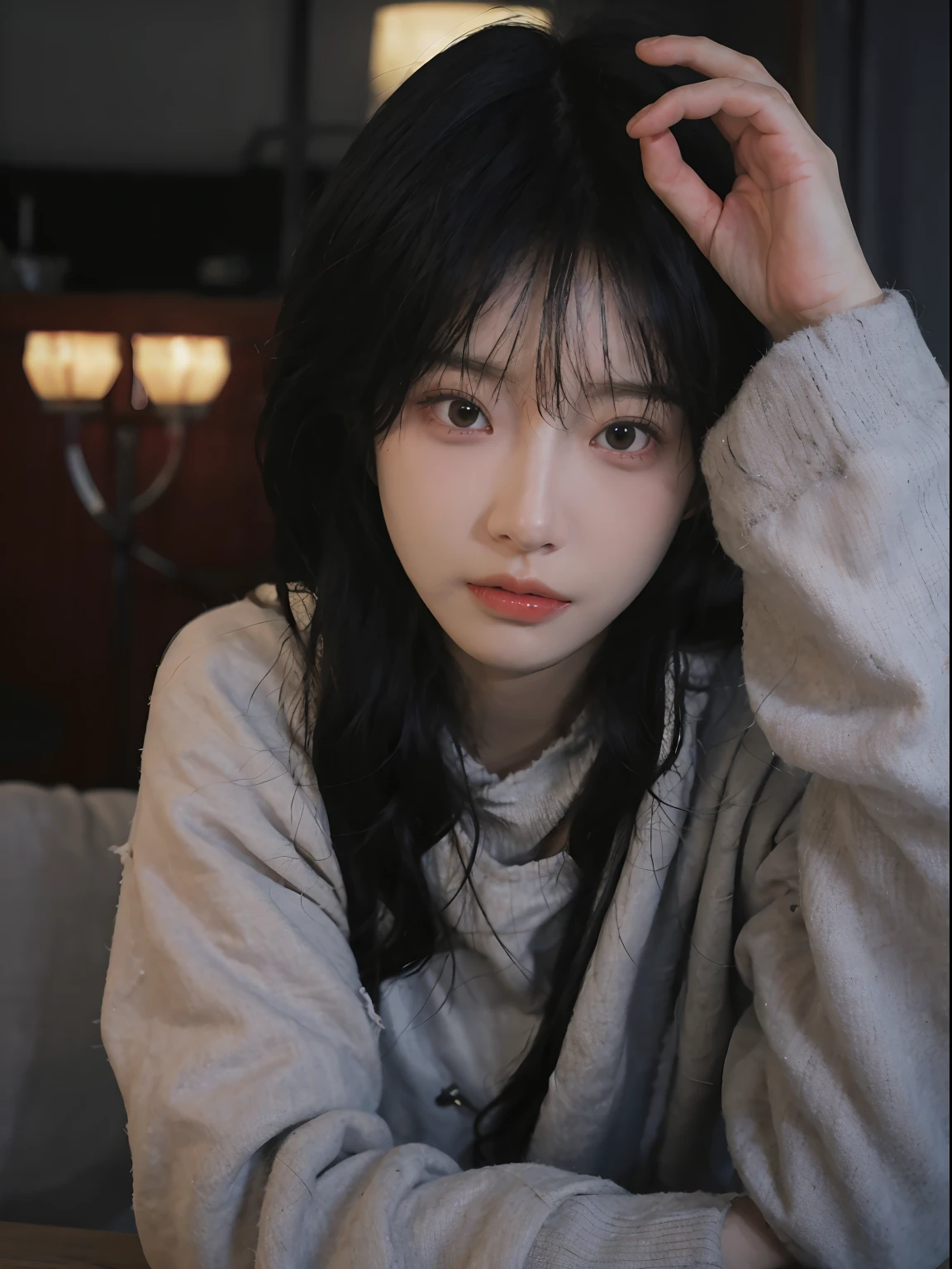 best qualtiy， 超高分辨率， （realisticlying：1.4）， A woman with long black hair and a gray sweater, 中景 the scene is, She has black hair，By bangs, young lovely Korean faces, wan adorable korean face, ulzzangs, Shin Jinying, beautiful aesthetic face, Korean face features, Played by Liu Lee Ji Eun ，Beautiful realistic face