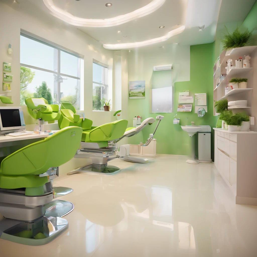 A bright and welcoming dental office, full of modern green dental chairs, the dentist with chewing gum and a dental brace in his hand and smiling patients, a boy receiving first-rate care from our qualified team como personagem da dysney