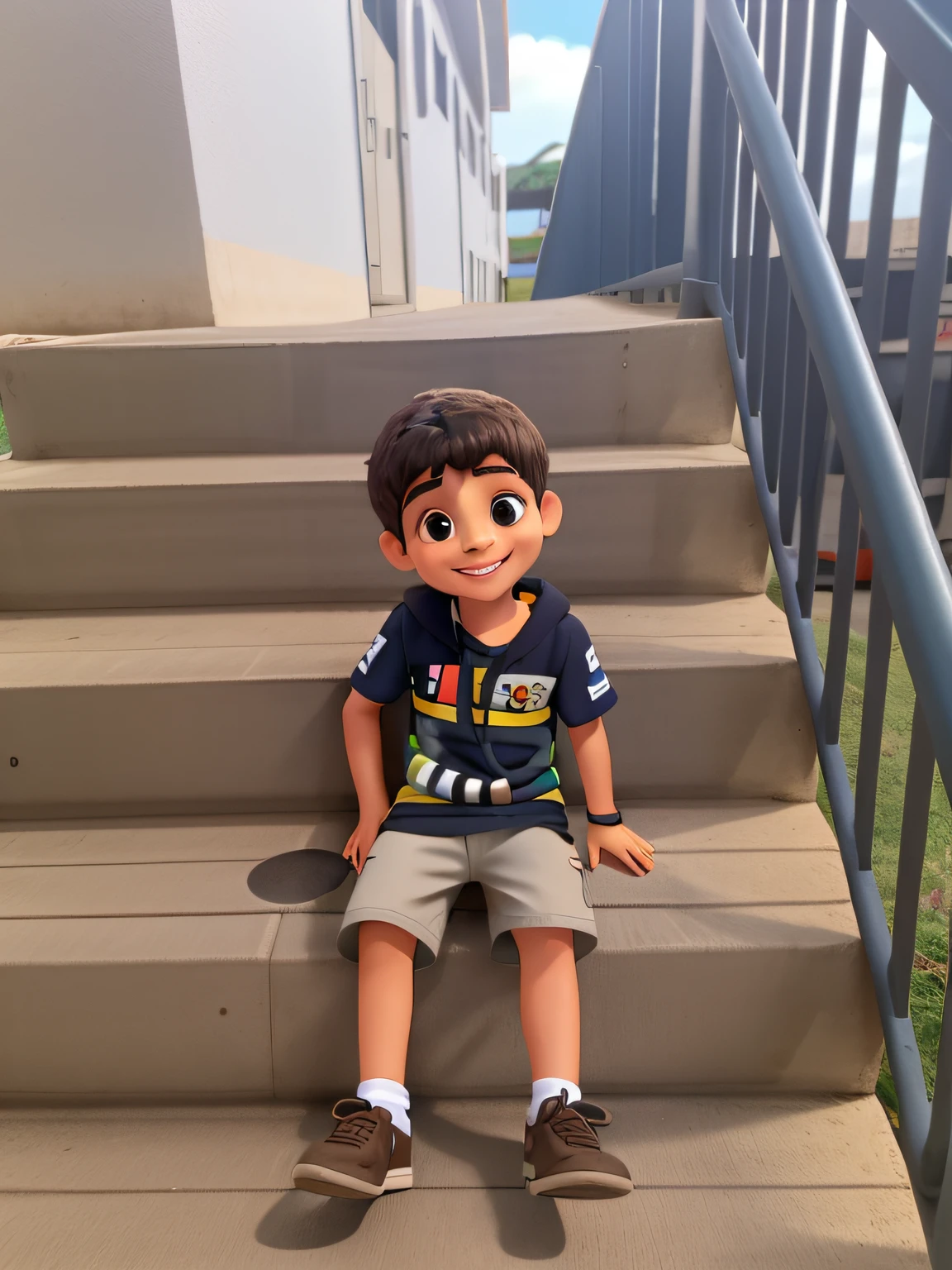 Um menino de 3 anos alegre , sentando em uma escada sorrindo.