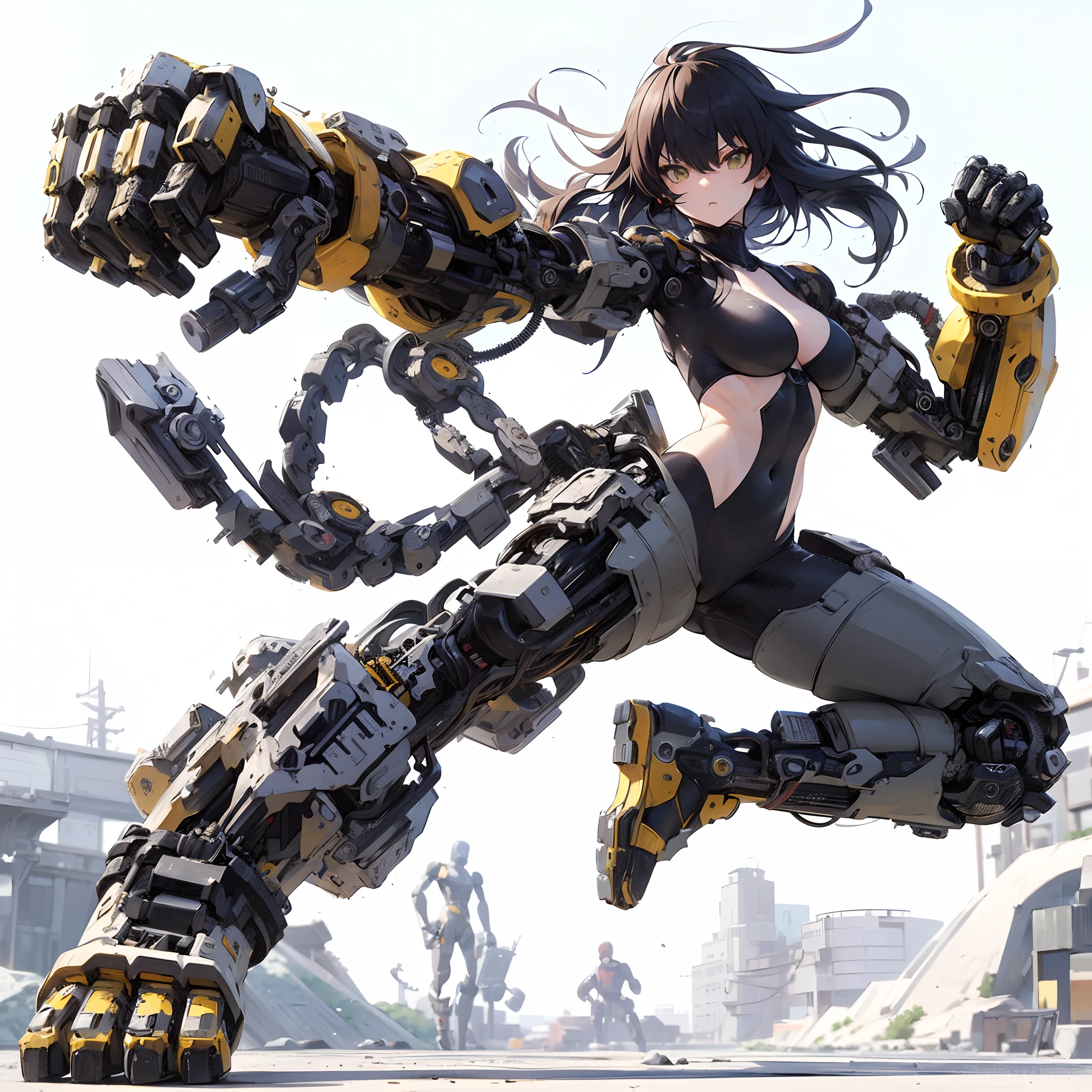 (masutepiece, Best Quality), (Perfect athlete body:1.2), (detailed hairs), Ultra-detailed, Anime style, Full body, Cyberpunk Karate Girl, Wear a bodysuit, The arms are fitted with huge mechanical arm guards, Mechanical limb, Black-yellow hair, Wear high-tech boots, White background, Standing in the wasteland, Whole body, Fighting Pose,