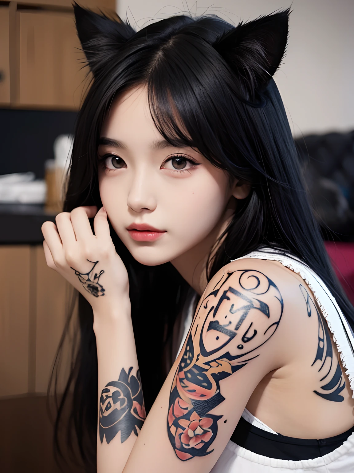 Half human, cat girl, young, tattoo, black hair