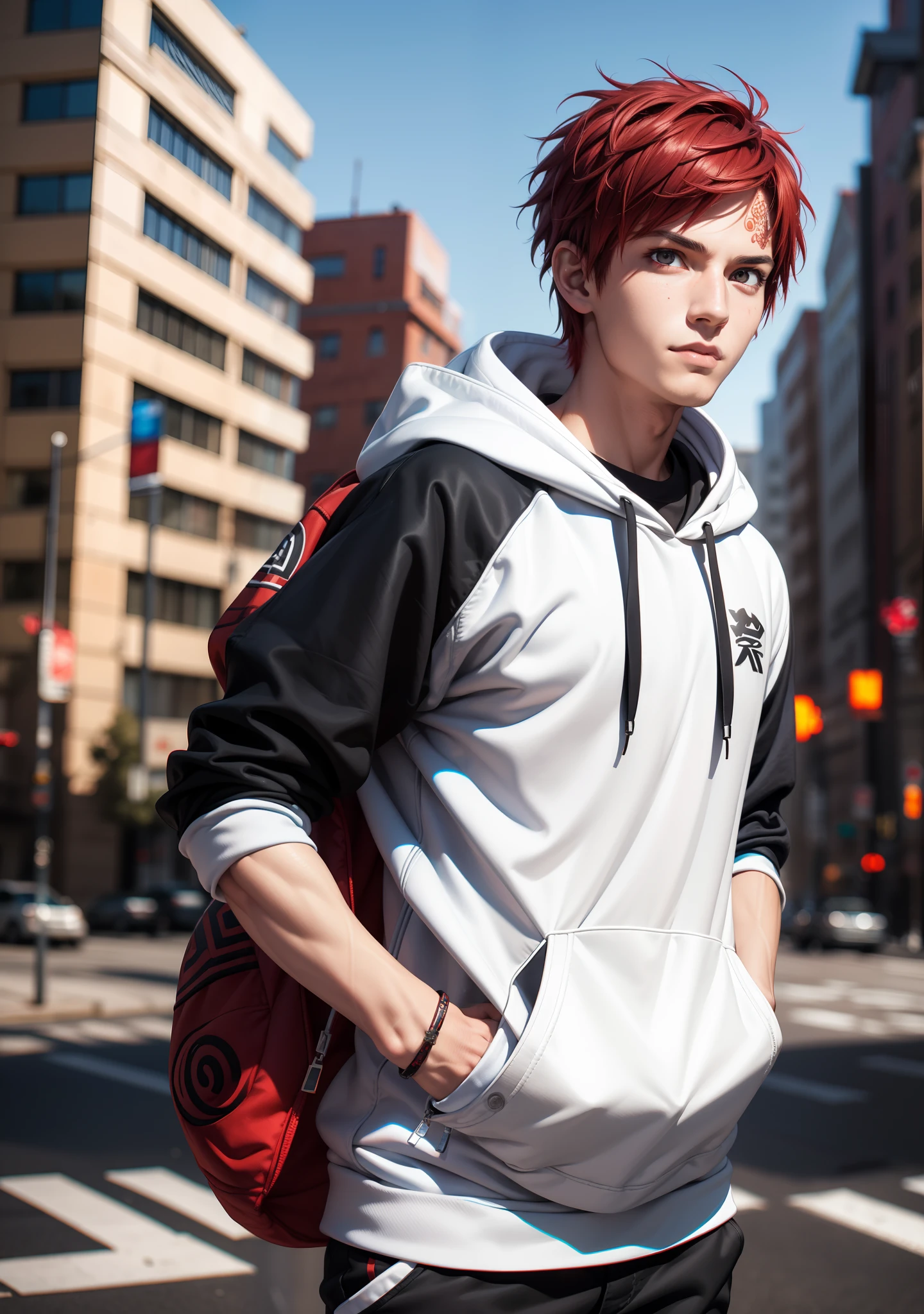 masterpiece, ultra-detailed, 1boy, male focus, upper body shot, Gaara wearing Streetwear Hoodie, red hair, look at viewer, happy face, Hands in pockets, vibrant colors, cityscape background, dinamic lighting, highly detailed face, stylish, urban style, cool attitude, bokeh, blurry background,