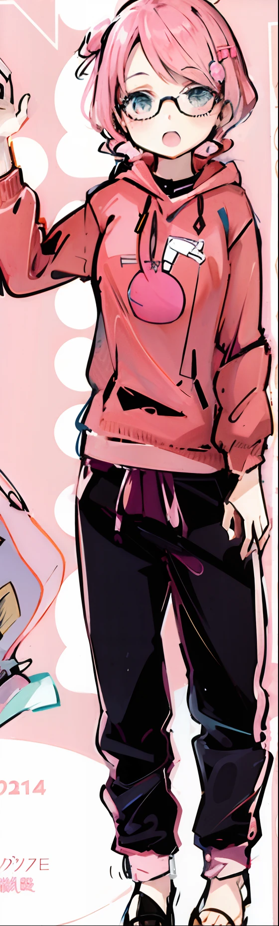 Anime girl in pink sweatshirt and pants with suitcase, colored sketch anime manga panel, colored manga panel, colored manga panel, color spread, coloured manga scan, wearing a pink hoodie, colored screentone, clean and meticulous anime style, some pink, Pink clothes, digitally colored, ((Pink)), heavy gesture style closeup, full color manga visual style, betty cooper,Long orange-yellow hair