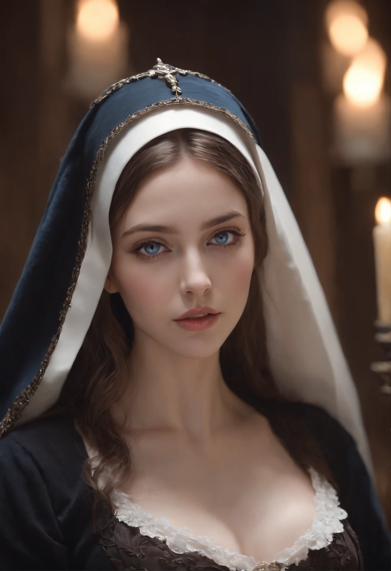 ((NSFW)),(best quality,4k,8k,highres,masterpiece:1.2),ultra-detailed,realistic,beautiful detailed blue eyes,beautiful detailed lips,extremely detailed face,long hair,1girl,beautiful blonde girl,attractive,church, detailed eyes,curvy, big tits,bimbo, ((sexy nun clothing, slutty)),(showing cleavage)lewd nun,Magical girl,Each hand holds a candle,The body is imprisoned by chains,,Detailed pretty face,steampunc,Gear, Black stockings,fantasy, Global illumination, back lit lighting, full bloom, ((Cold light)), Sharp focus, photograph realistic, Detailed skin, background out of focus, Cinematic composition , Ultra-detailed, Realistic , Hyper-realistic , voluminetric lighting, 8K, trending on artstationh,