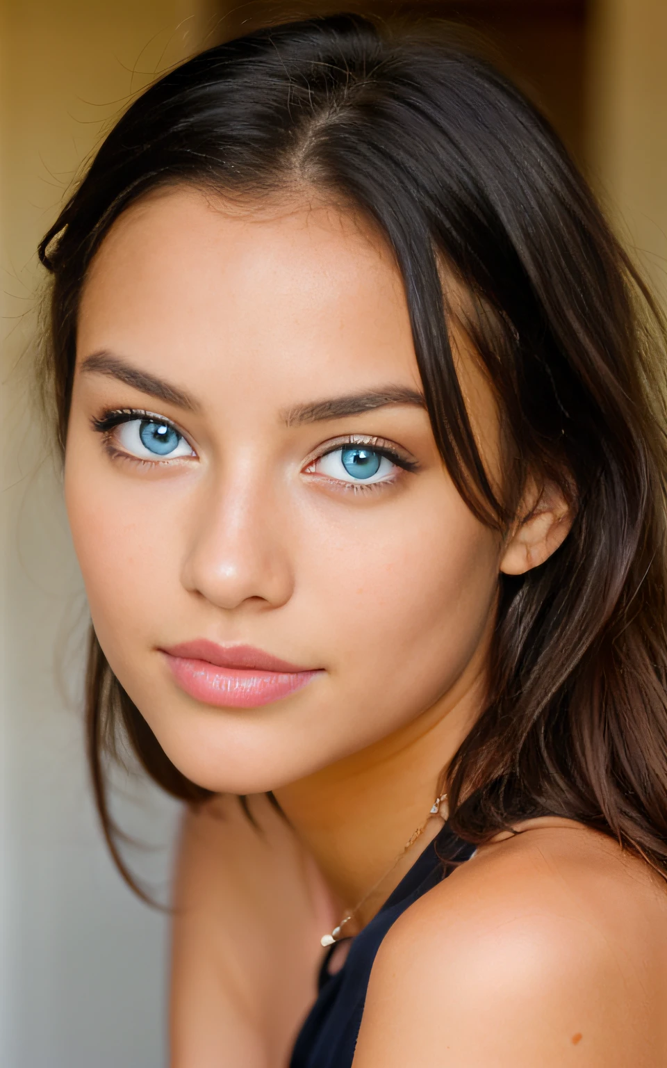 Mix of the most attractive facial racial features, slightly mixed-race skin and mesmerizing blue eyes in a gorgeous real girl