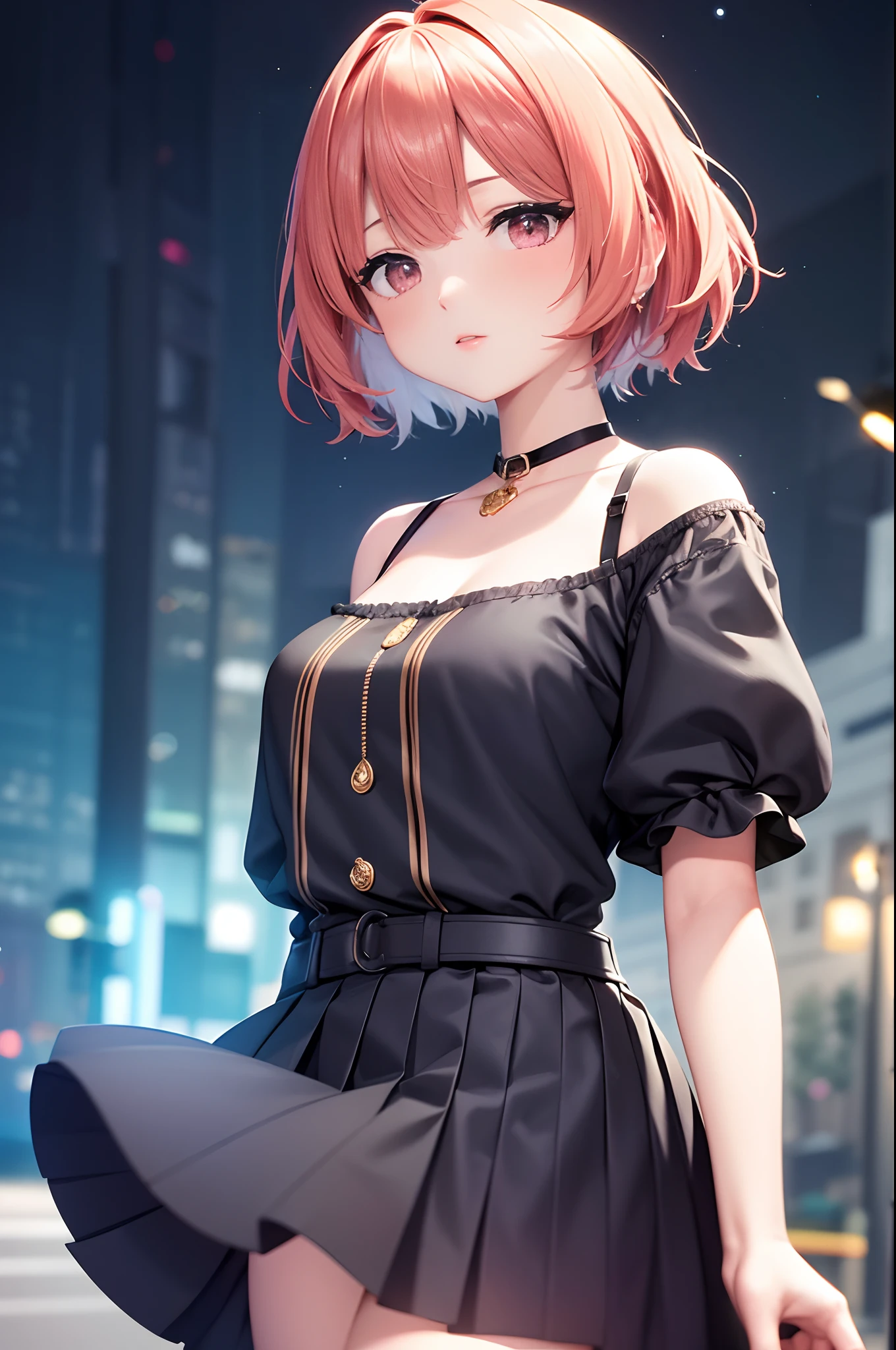 ((巨作)), (Best Quality),, formal art, highly detailed CG Unity 8k wallpaper, A highly detailed, Lustrous Skin, Depth-of-field, bright colours,, 1girl, (curvy:0.4), (Full body:0.6),, short hair hair, explosions, red eyes, skirt, looking at the scenes, night, Street, neon, Looking back, star (sky), crowd, Upper body,