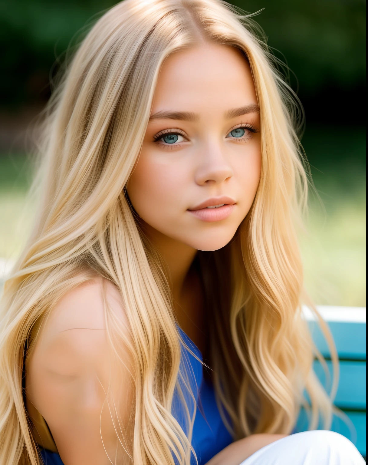 a close up of a woman with long hair sitting on a bench, beautiful model girl, beautiful girl model, beautiful blonde girl, beautiful female model, sydney sweeney, a gorgeous blonde, very beautiful young woman, photo of a beautiful woman, beautiful model, attractive girl, a beautiful young woman, long blonde hair and large eyes, long blonde hair and blue eyes