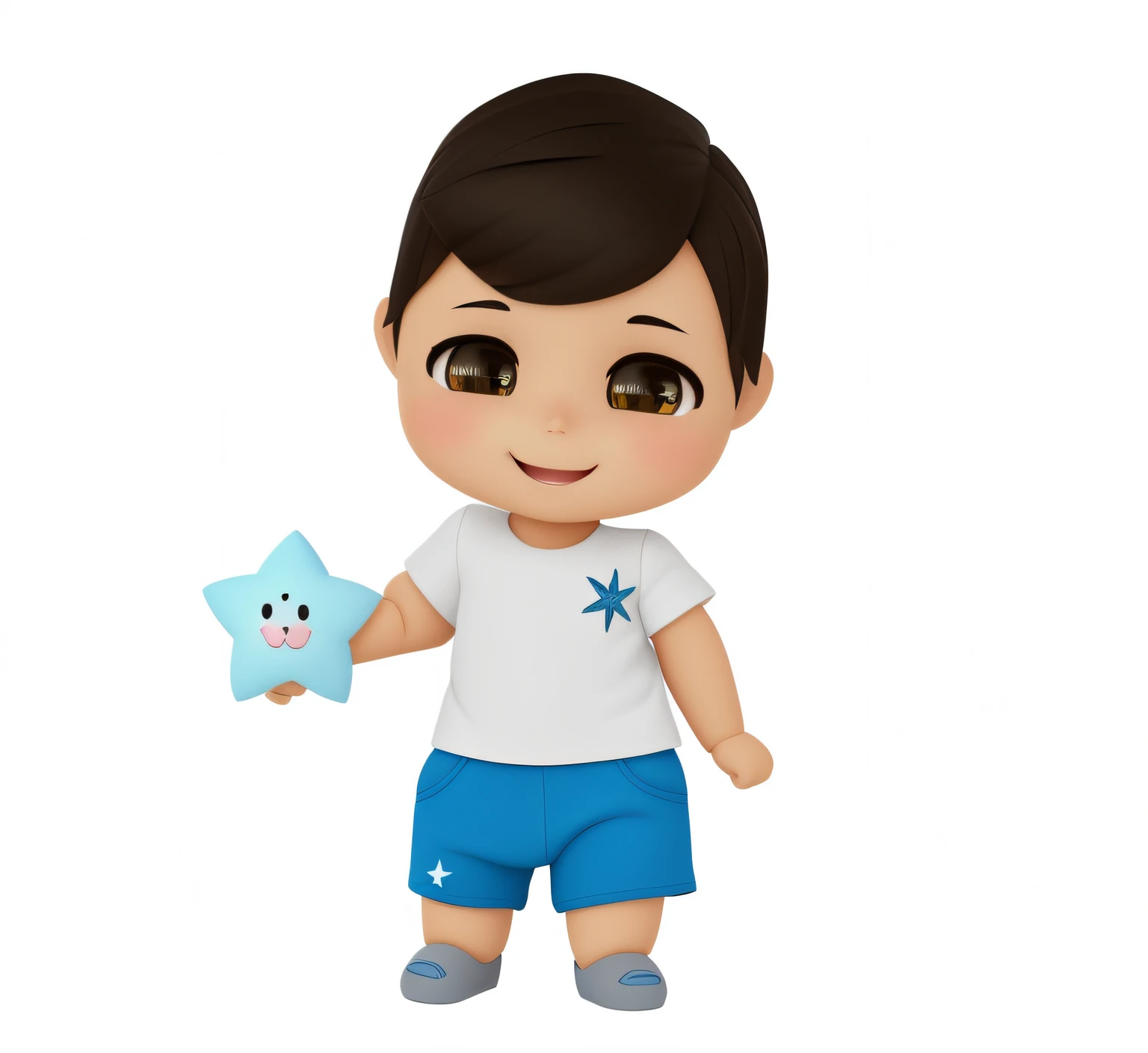 Cartoon boy holding a starfish in his hand, Chibi, personagem bonito dos desenhos animados, bonito, in cartoon style, personagem bonito, Jovem com short, bonito 3 d render, Blue stuffed doll 'Snappy gifts', official illustration, com estrela do mar grande, cabrito, Cartoon style illustration, menino, 2 d render, Personagem altamente detalhado, toon rendering, barnet
