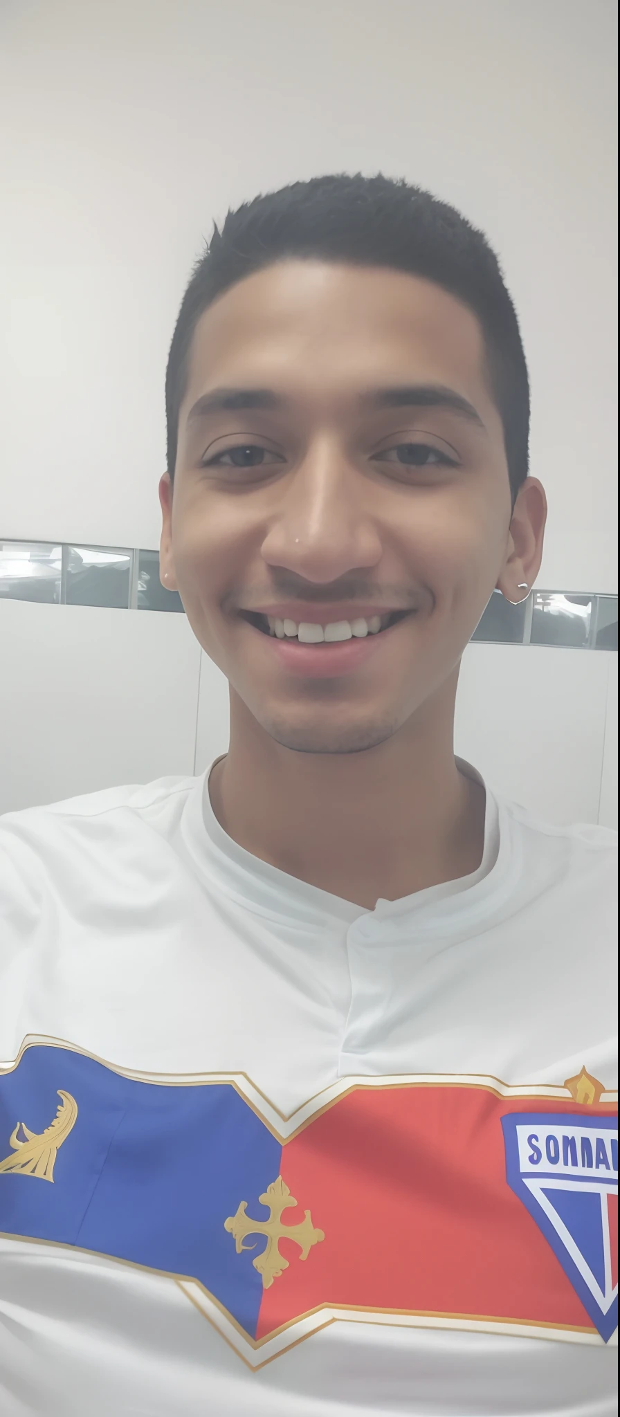 Homem de camisa branca com camisa azul e vermelha, em torno de 1 9 anos, imagem frontal, barbeado limpo!!!!, muito ligeiramente sorridente, caio santos, Riyahd Cassiem, dessaturados!!, Sorriso meio unilateral, foto do perfil, foto de perfil headshot, imagem de qualidade muito baixa, 1 6 anos, 1 / 2 headshot