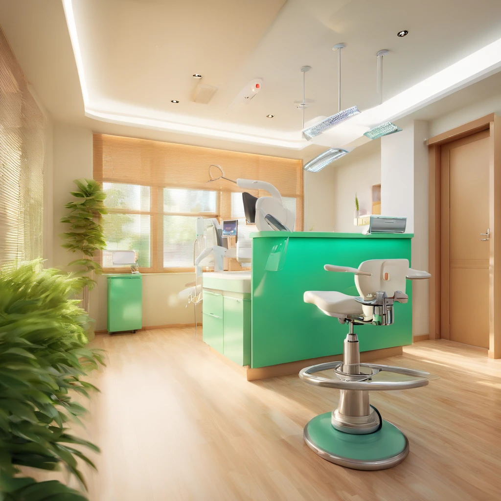 A bright and welcoming dental office, full of modern green dental chairs, a dentist with a mask and dental braces in his hand and smiling patients, a boy receiving top-notch care from our qualified team, like a Disney character.