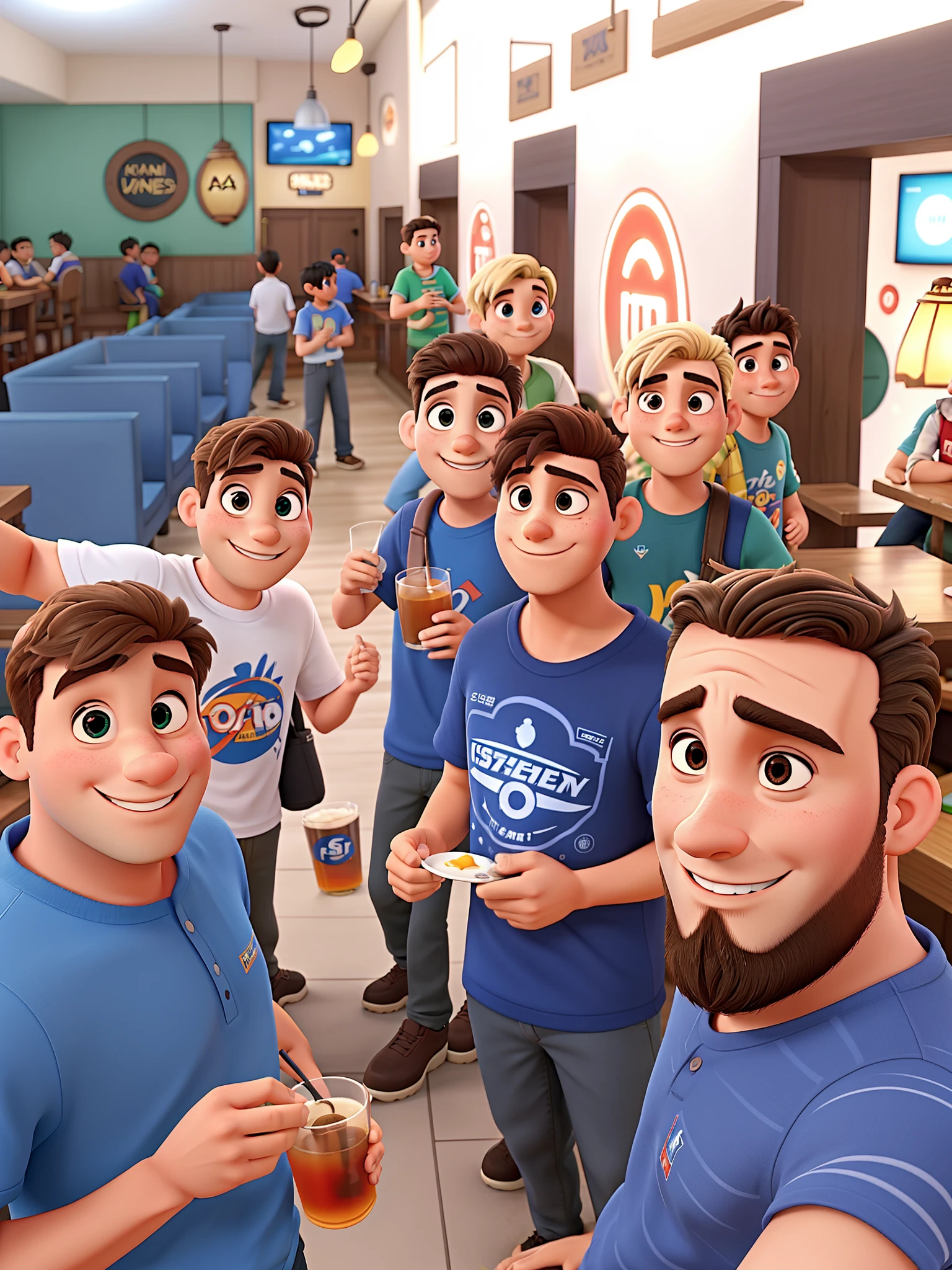 Group of friends only boys in a bar with the name "Asinhas" estilo pixar, alta qualidade, melhor qualidade