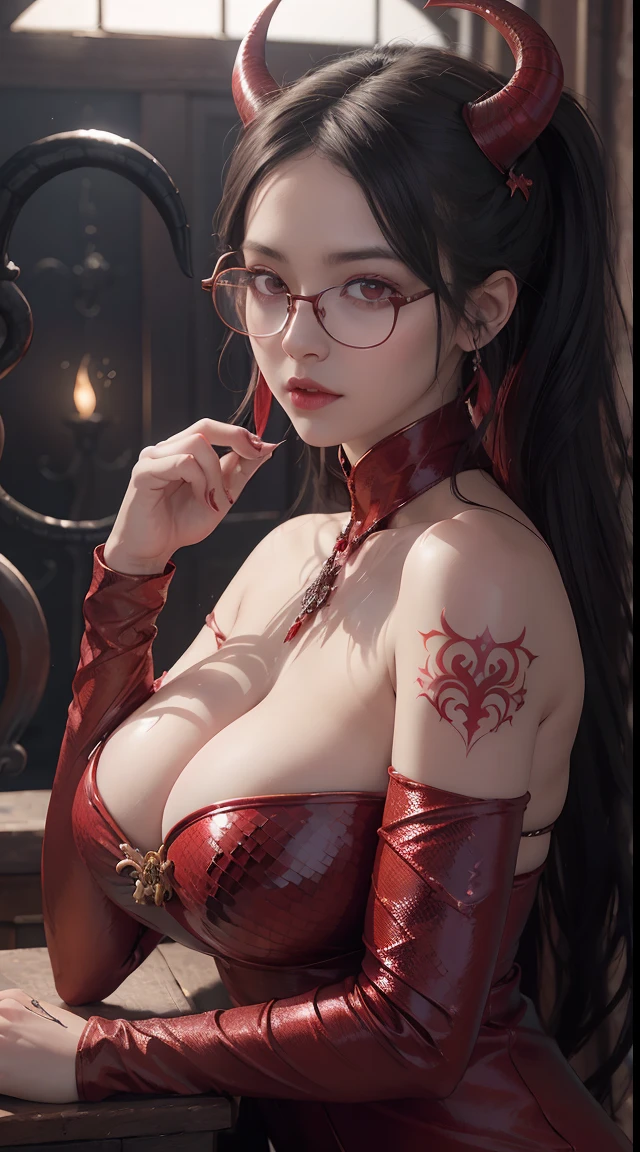 Fine、(The best illustrations)、8k UHD resolution、intricate-detail、top-quality、realisitic、ultra-detailliert、The best lighting、Best Shadows、Soft lighting、Ulutra HD、Ultra-realistic、Tindall Effect、Photorealsitic、(High Detail Skins:1.2)、 (Intricate details, makeup, pureerosface_v1:0.5), (Detailed beautiful delicate face, Detailed beautiful delicate eyes, A perfectly proportioned face, High detailed skin, Detailed skin, best ratio four finger and one thumb, arms below breasts, Tattoo with a red glow under the stomach、Awesome awesome, wide hips, smooth midriff, skiny and thin, __Fashion__, __hair__:1.25)、Digital SLR、 absurderes、1 beautiful devil woman from hell, surreal female portraits by David Hockney and Alphonse Mucha, Portrait of a seductive woman、Fantasy Art, Chinese Doll、Chinese actress、Dungeon、The dragon、Devil's Palace、Devil's Torture Chamber、natta、Dark style 、In the Dark、(Detailed spooky backgrounds:0.8), magia、 1人、Evil Nun、Dark Necromancer、Succubus、Devil's Daughter、Umi Shinonome、Bat Wings，(((Demon Horns)))、 ((((Huge glasses, Otaku Glasses, thick glasses, Round glasses)))),(((Colossal tits)))、(Devil's Tail)、(red eyes glowing:1.6)、red eyes make up very sharp and detailed, The eyes are very well made up, ((Red Eye:1.0)),intricate tattoos, demonic intricate tattoos, thigh tattoos, body tattoos, ​masterpiece、The most beautiful face、a baby face、Charming smile、plump beautiful red lips、Muscular seductive body、The enchanting body of the devil、devil style、Seductive Black Magic Costume、(((A shiny red snake is wrapped around her body)))、The long-haired、Braids、Black hair、Ponytail distortion、, Ponytail with a bow tied at the back of the hair, Beautiful expression、Body Up、Large breasts emphasis、Bust,  Super tight breasts, Breast augmentation surgery, The breasts are very big and round and round,Toned waist、Wide buttocks、 lowkey, cowboy lens, (red phoenix dress: 1.0),  devil crown,  Red sparkling gemstone necklace、Jewelry Gwise,  wearing black mesh socks,wearing a thin red and black robe, Hands pull the straps to expose sexy breasts, Protagonist Close-up, nffsw, nffsw, Meet beautiful girls, Look at the girl's body,