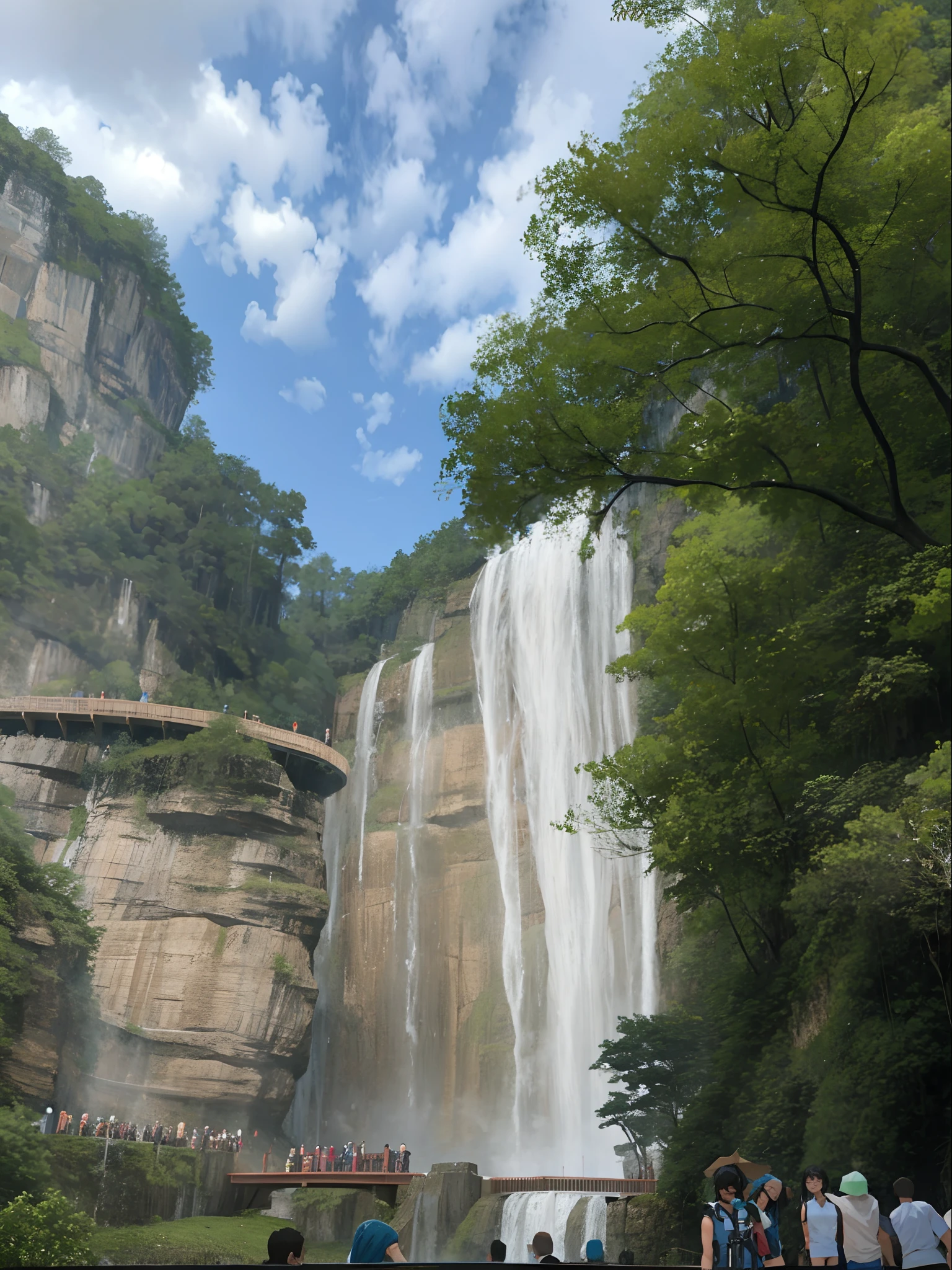 Arafis stands in front of a waterfall on a bridge, waterfalls and lakes, with trees and waterfalls, zhangjiajie national forest park, waterfall in background, waterfall in background, an endless waterfall, next to a waterfall, with waterfalls, Huge waterfall, with a waterfalls, huge waterfalls, Ancient ruins and waterfalls, waterfall in background