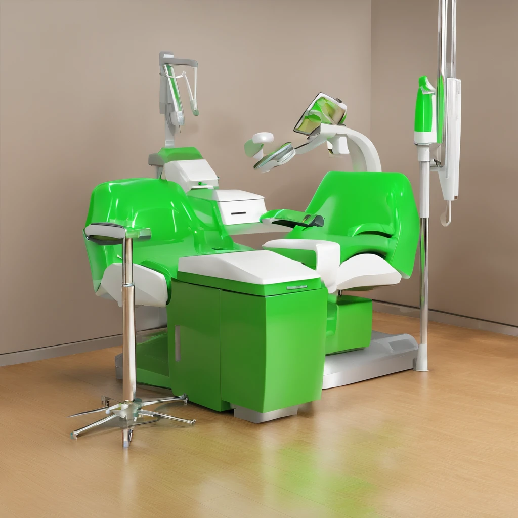 garoto na cadeira verde escuro do dentista sorrindo sendo atendido por um dentista com jaleco branco e mascara no rosto