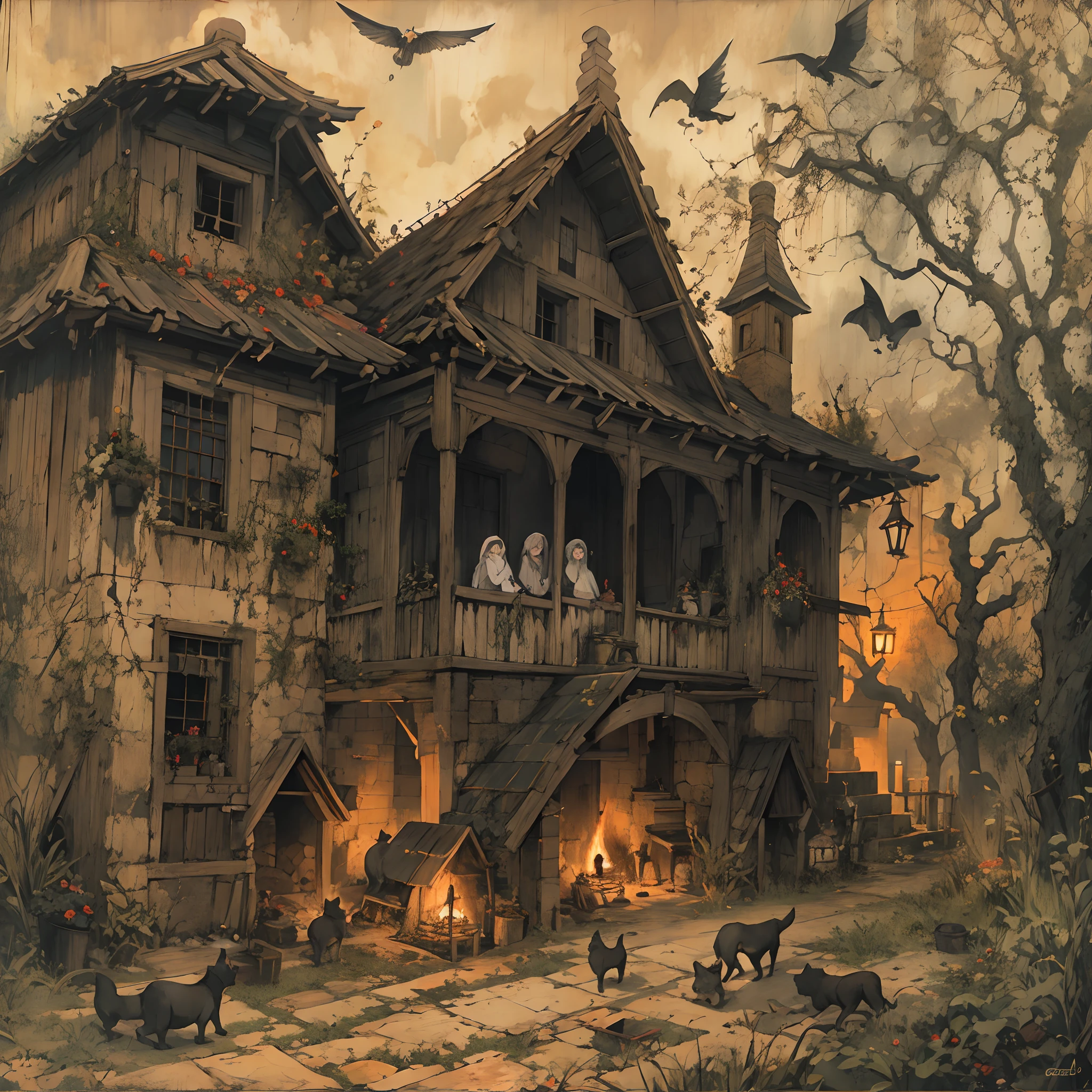 Casa embrujada,casa de las brujas,infierno,caldero,pociones,tetrico,miedo,varias brujas,horrible aspecto,casa vieja,cosas rotas,pociones fosforesentes,brillos,escobas,armas,peligro,escapar con vida,gato mutante,montruos,demonios,