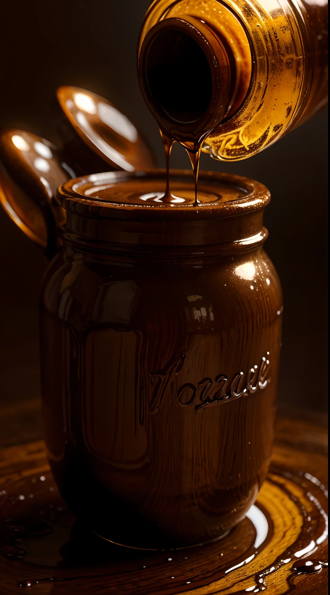 Imagine zooming in on a jar of molasses, capturing a close-up view that highlights its thick and syrupy consistency. In this prompt, the focus is on creating a detailed and realistic artwork that showcases the luscious texture of molasses. Visualize a jar filled to the brim with this dark, rich liquid, with droplets clinging to the edges, glistening in the light. Pay close attention to capturing the intricate details of the molasses, such as the ripples and swirls that form as it settles in the jar, and the way it clings to the sides, creating a mesmerizing effect. Highlight the deep and intense color of the molasses, showcasing its velvety darkness. Consider adding subtle reflections and highlights to capture the glossy finish of the syrup. Let your artistic skills shine as you create a highly detailed and realistic artwork that brings the thick and syrupy consistency of molasses to life, inviting viewers to almost taste its indulgent sweetness.