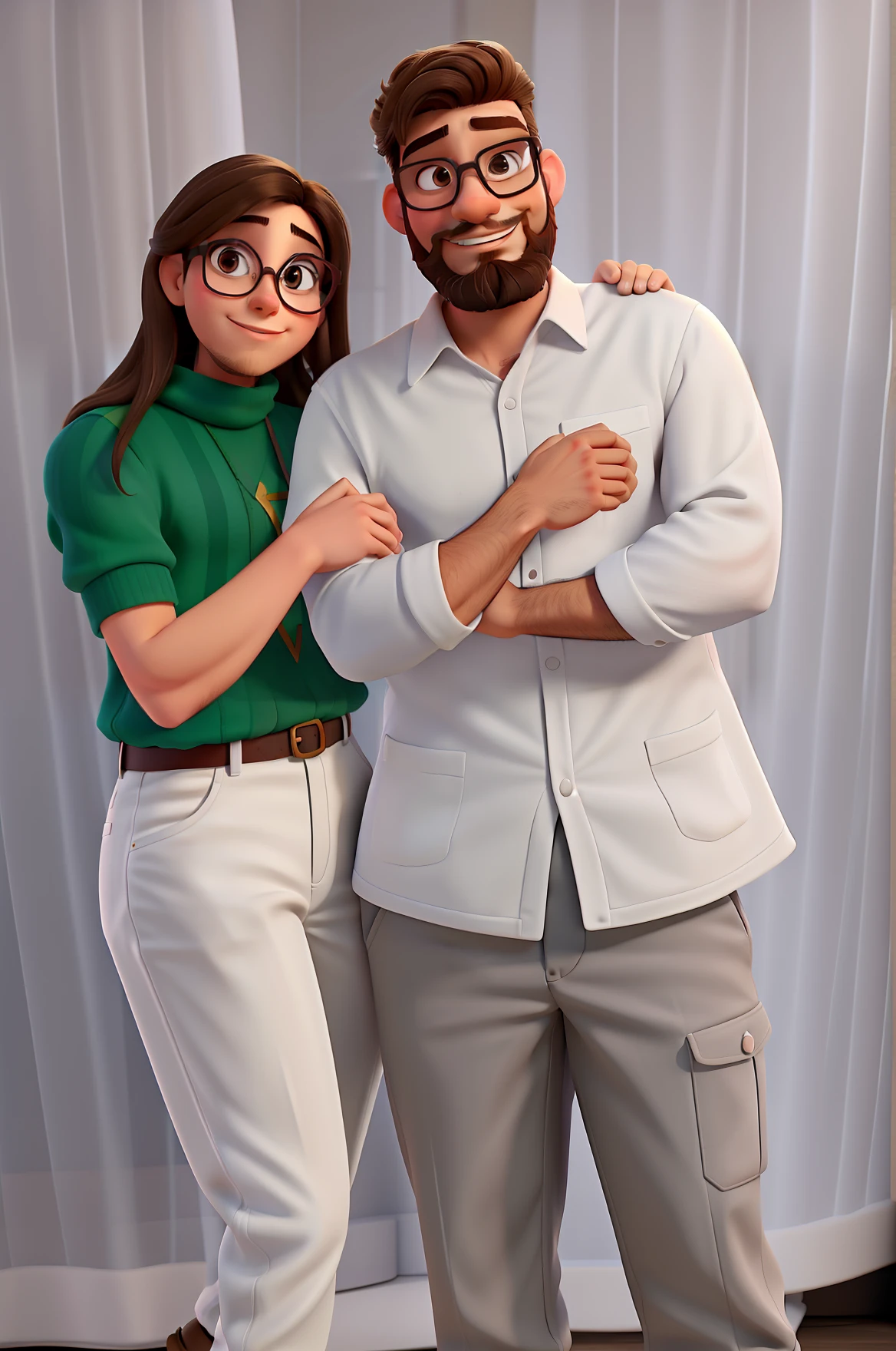 Casal (Hairless brunette man with glasses and beard in medium size and white woman) no estilo Disney Pixar, alta qualidade, melhor qualidade.