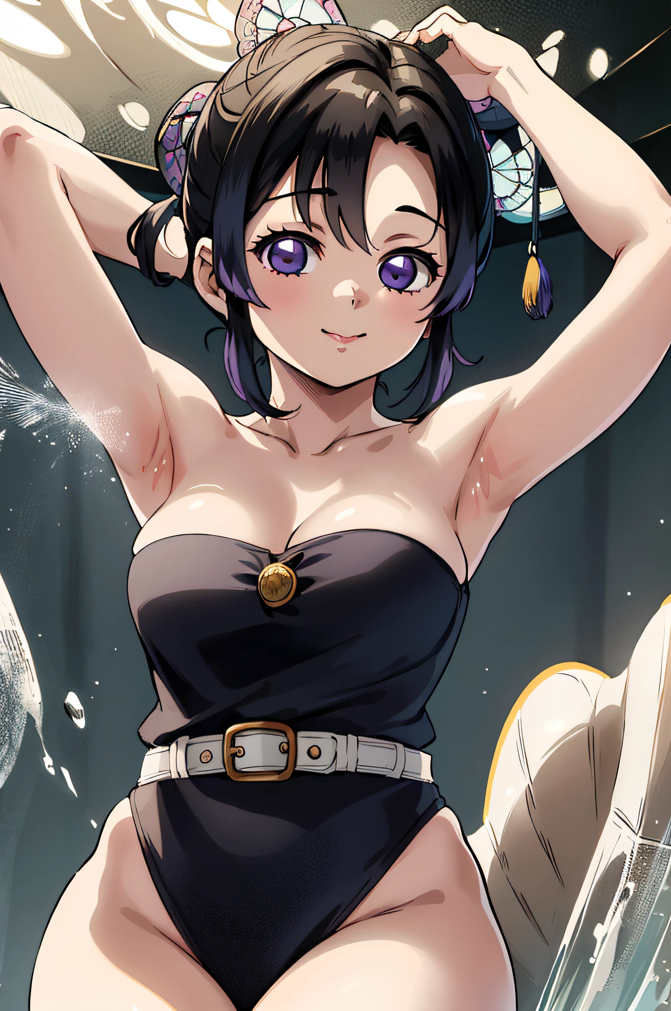 masterpiece, best quality, ultra-detailed, Potrait of beautiful ShinobuDB, solo, smile, haori, closed_mouth, looking_at_viewer, breasts, buckle, volumetric lighting, best quality, masterpiece, intricate details, tonemapping, sharp focus, hyper detailed, trending on Artstation, nude, breasts, bathing, 浴室, ducha, armpits