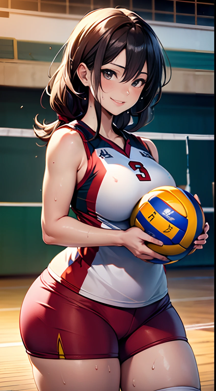 UHD, anatomically correct, 8k, ultra high res,(photo realistic:1.4), (((masterpiece))), (((best quality))), (((ultra detailed))), (((high-resolution))), ((super fine illustration)), ((Ultimate cutie)), detailed beautiful face, shiny hair, potbelly, (curvy), medium breasts, (Thick thighs), solo, one girl, milf, shiny hair, ((happy)), ((smile)), ((blush)), 
BREAK, ((hold Beautiful spherical shape 6-inch volleyball with both hands)), 
BREAK, (((buruma))), ((sleeveless volleyball uniform)), (knee pad), ((sweat)), (covered in sweat), (heavy breathing), sense of depth, in volleyball court, gymnasium, looking at viewers, cowboy shot