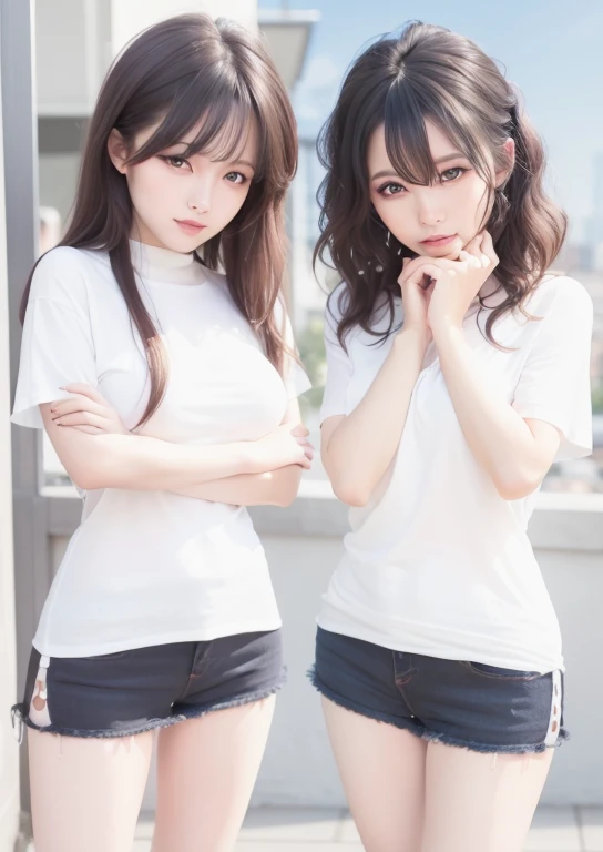highest quality,Photo quality,Ultra-high resolution,Professional Lighting,14 years old,Beautiful face like an actress,With bangs,Sexy shorts:1.2、Amazingly cute、The white T-shirt is wet from the rain and is transparent、ブラジャーが透けて見えている、