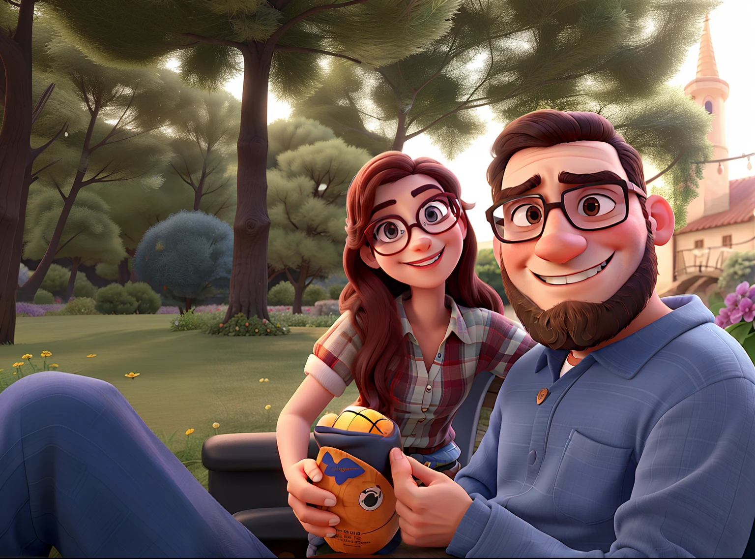 Pixar, mulher loira sorridente, Man Glasses Beard and Glasses, dia
