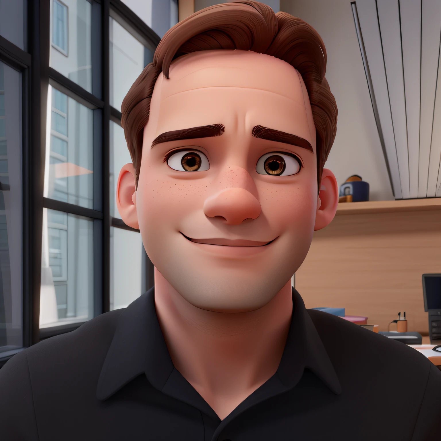 Um homem branco com olhos castanhos , 27-year-old brown hair in a background office with a window next to it