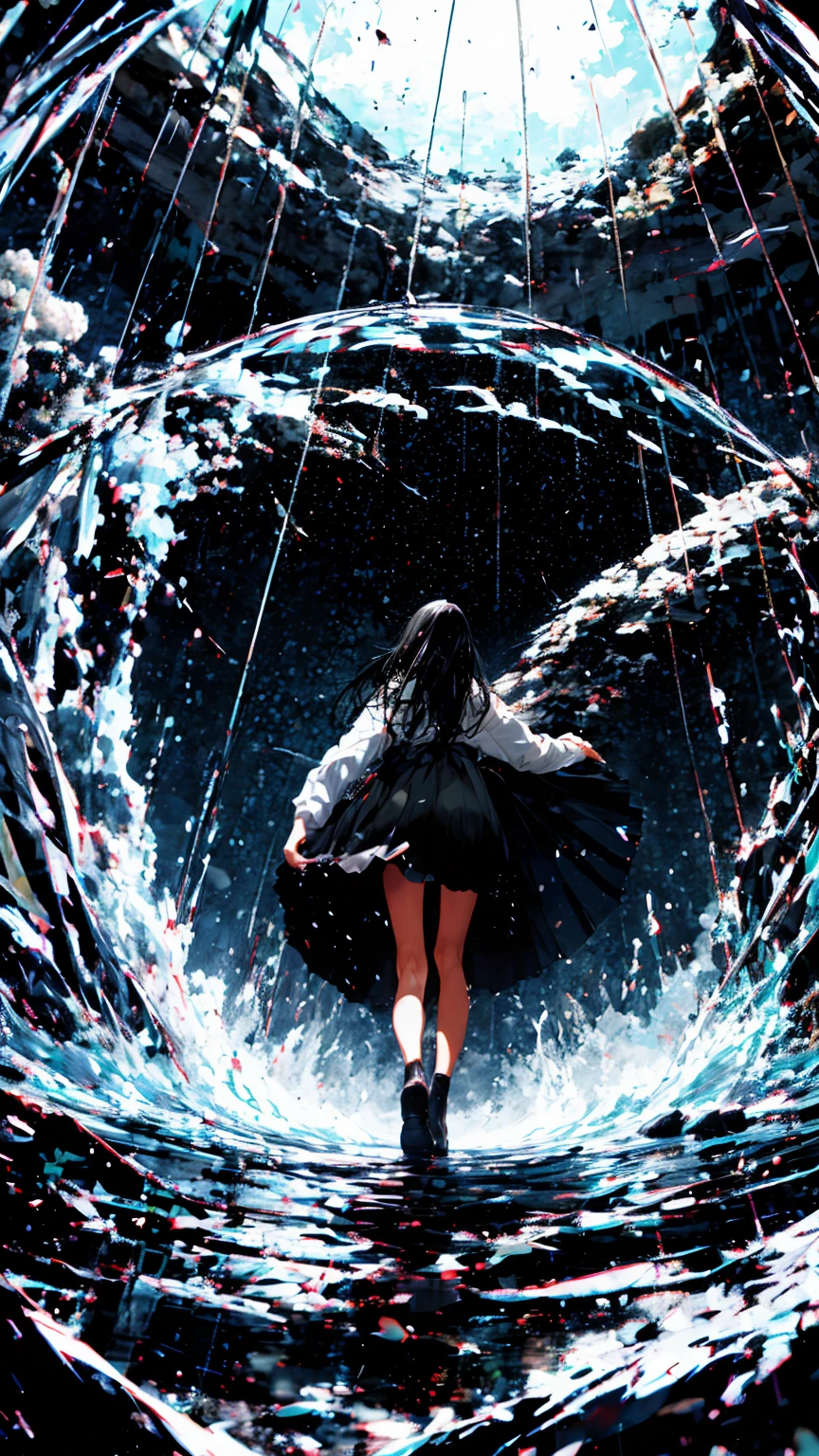 (La mejor calidad,8k,Ultra detallado),(realista:1.37),(Retratos,Artistas conceptuales),colores intensos,foco nítido,(lluvia:0.9),(ojos enojados:1.1),long, damp black hair,Glass barrel bottom,Contacto visual con el espectador,Fondo de tormenta intensa,Lluvia interminable)