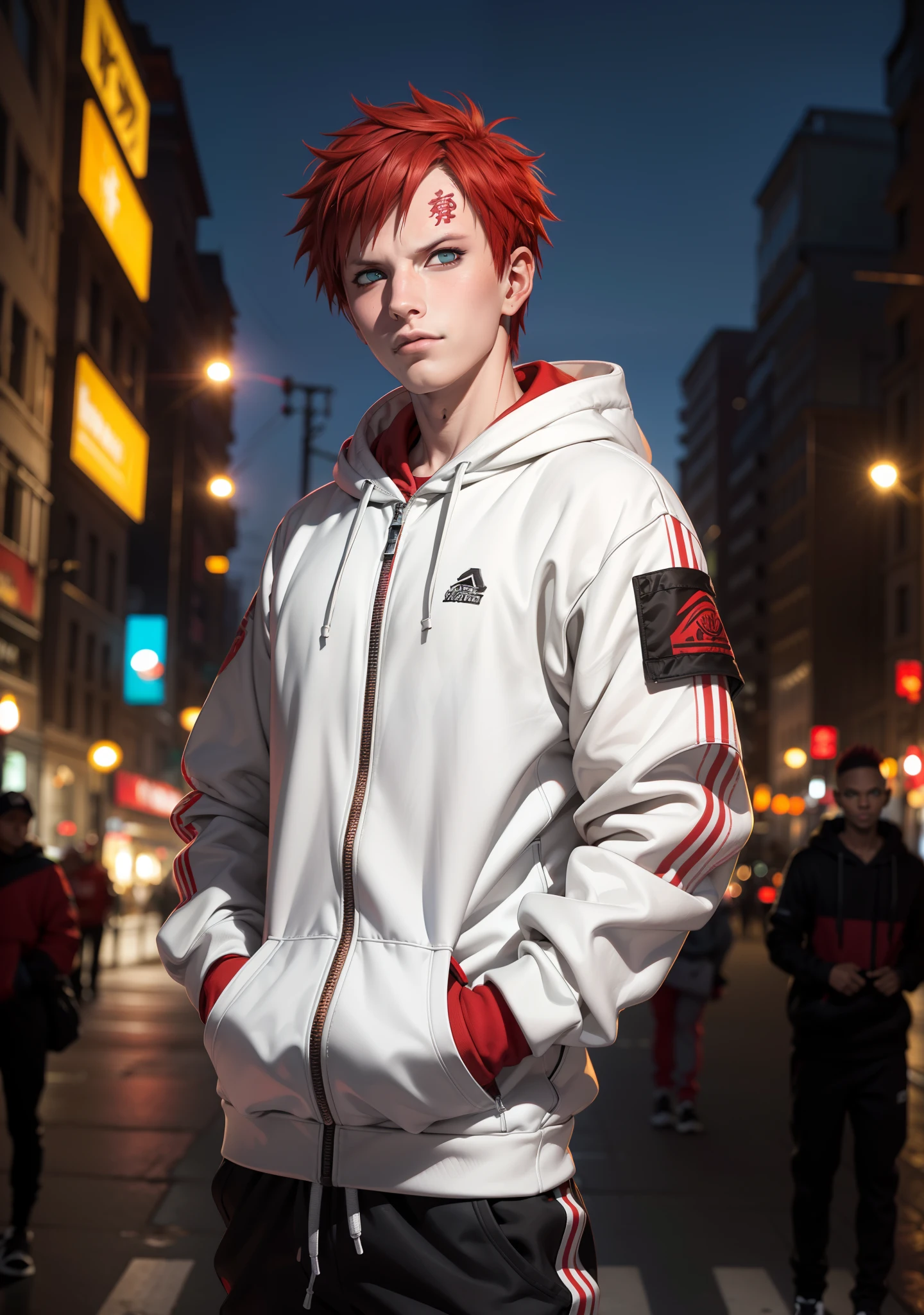 masterpiece, ultra-detailed, 1boy, male focus, upper body shot, Gaara wearing Streetwear Hoodie, red hair, look at viewer, happy face, Hands in pockets, vibrant colors, cityscape background, dinamic lighting, highly detailed face, stylish, urban style, cool attitude, bokeh, blurry background,