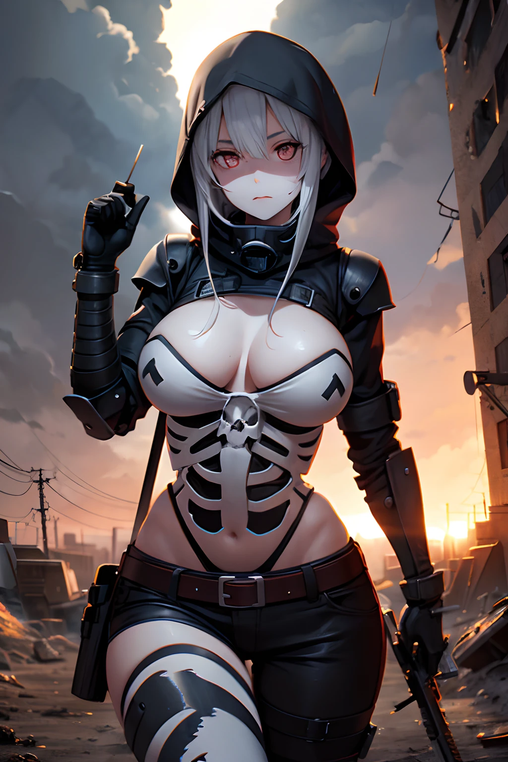 Skeleton with the face of a girl with a big bust,Stalker with weapons, nuclear winter