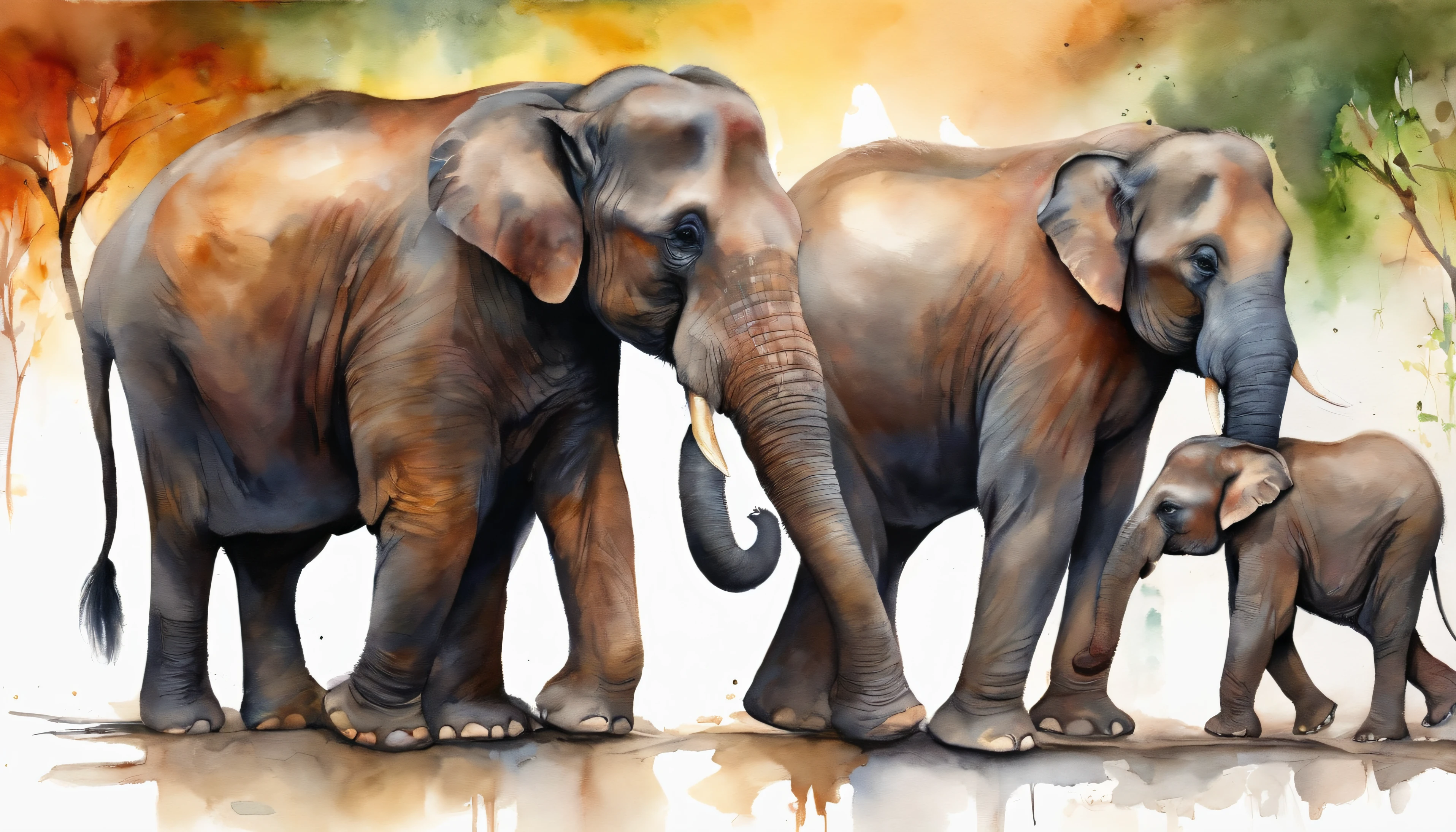 Family of three asian elephants, dad, mom and son, walking towards the camera, 4K detailed painting, inspired by Sandra Chevrier, Colorful art, vibrant digital painting, colorful digital painting. Monkey on their backs