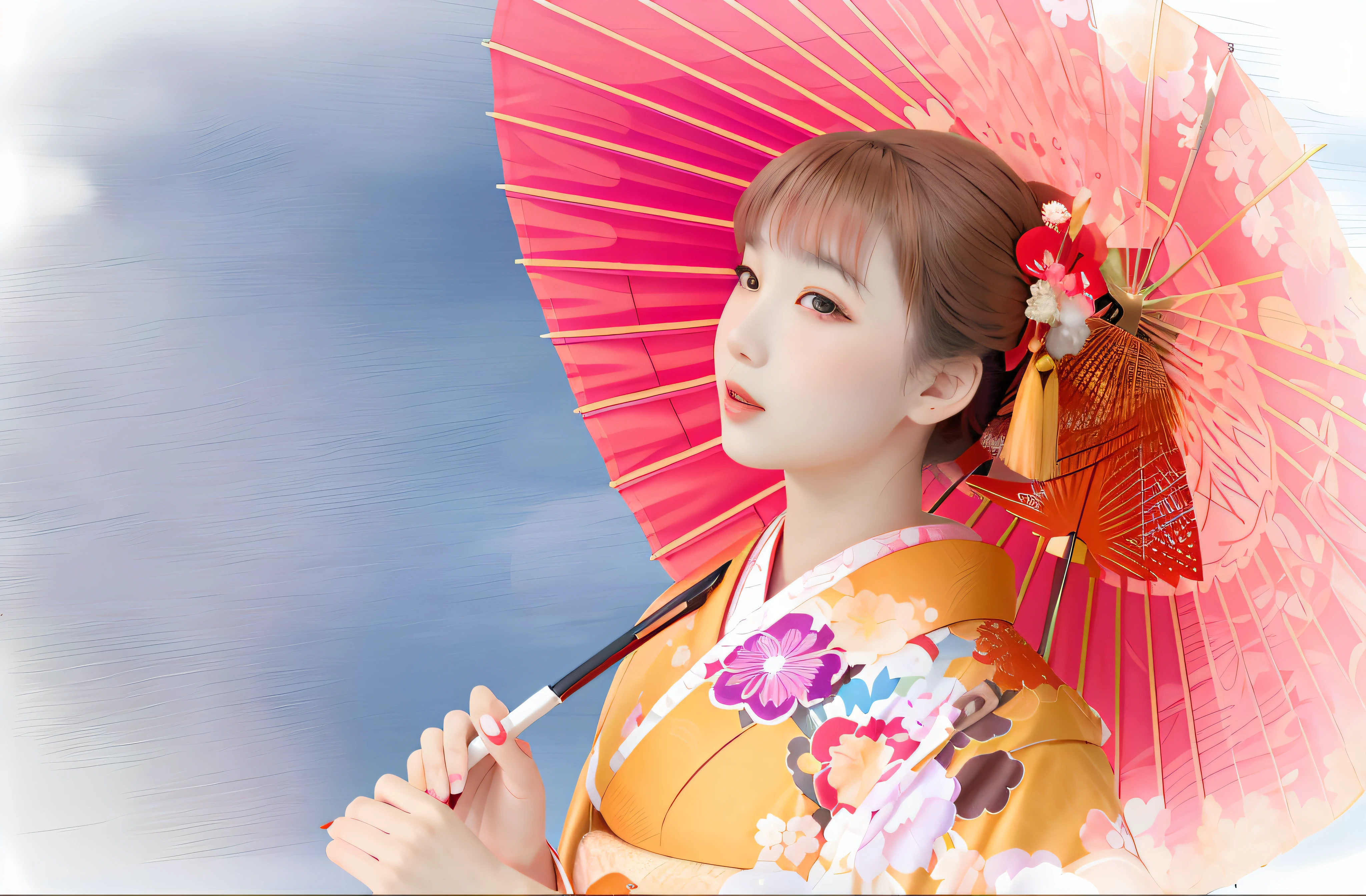 opened mouth、There is a woman in a kimono holding a red umbrella, in a kimono, wearing royal kimono, Kimono, in a kimono, Wearing kimono, japanese kimono, Wearing a kimono, Red kimono, A Japanese style, pale and coloured kimono,((big beatiful eyes)),Open lips, geisha photo portrait, shikamimi, bath robe, sakimichan, Ayaka, traditional japanese