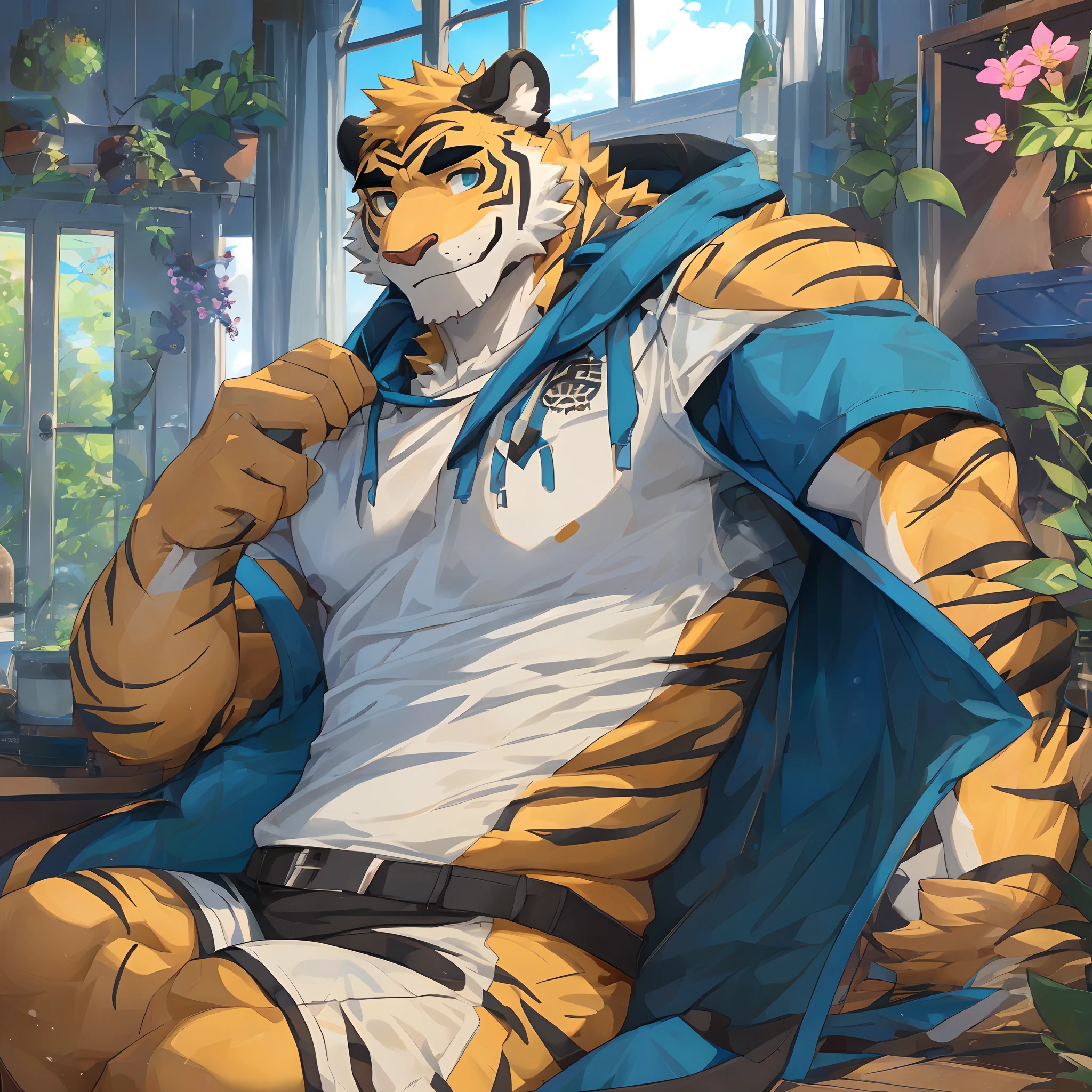 Masterpiece,Best quality,Detailed background,hi，It's nothing,nj5furry,window,Sunlight,The name of the plant is forget-me-not, Solo,solofocus,Male,Male focus,anthro,Tiger or dog,(sport:1.5), (Yellow-fur,,Black eyebrows:1.5),view the viewer, Elaborate Eyes,Detailed eyes,Onyx eyes,Puppeteer,5 fingers, (see-through raincoat),Smile with flowers in hand，Waiting for someone to knock him down，yaoi,Strong body，Majesty，He took the initiative to lift his shirt，Expose eight-haired abs and two thick pectorals