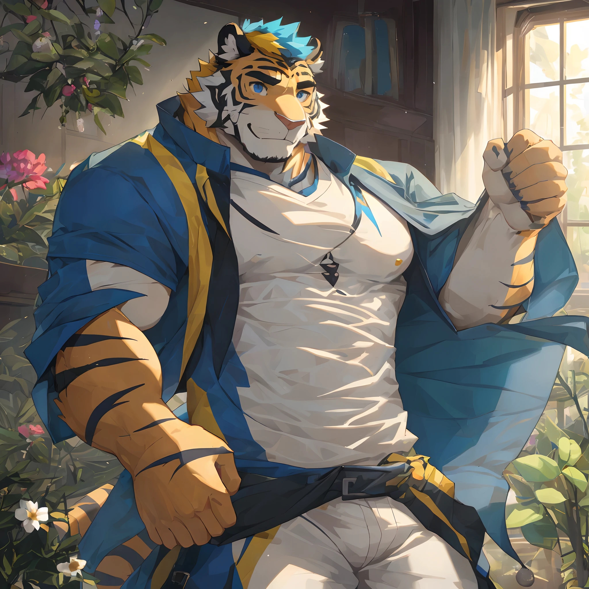 Masterpiece,Best quality,Detailed background,hi，It's nothing,nj5furry,window,Sunlight,The name of the plant is forget-me-not, Solo,solofocus,Male,Male focus,anthro,Tiger or dog,(sport:1.5), (Yellow-fur,,Black eyebrows:1.5),view the viewer, Elaborate Eyes,Detailed eyes,Onyx eyes,Puppeteer,5 fingers, (see-through raincoat),Smile with flowers in hand，Waiting for someone to knock him down，yaoi,Strong body，Majesty，He took the initiative to lift his shirt，Expose eight-haired abs and two thick pectorals