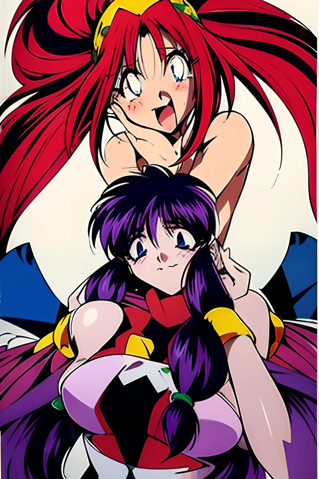 1girl(8), blush ,earrings(3) ,headband(4) ,jewelry(3) ,long_hair(7) ,red_eyes(3) ,red_hair(3) ,smile(8) ,solo(8) ,turtleneck ,rating:safe(9) ,breasts(2) ,cleavage(2) ,open_mouth(5) ,ponytail ,retro_artstyle(6) ,braid ,clothing_cutout ,fingerless_gloves(3) ,gloves(3) ,one_eye_closed(2) ,white_background(2) ,black_gloves ,blue_hair(4) ,green_eyes(4) ,painting_(medium) ,sidelocks ,yellow_headwear ,blue_eyes ,bow ,hair_bow ,hair_ornament ,hand_on_own_face ,hands_on_own_face ,head_rest ,low-tied_long_hair ,multi-tied_hair ,purple_hair(3) ,very_long_hair ,bandana ,closed_eyes ,hair_over_eyes ,lina_inverse ,full_body ,holding ,long_sleeves, 1990s, 1990 anime.