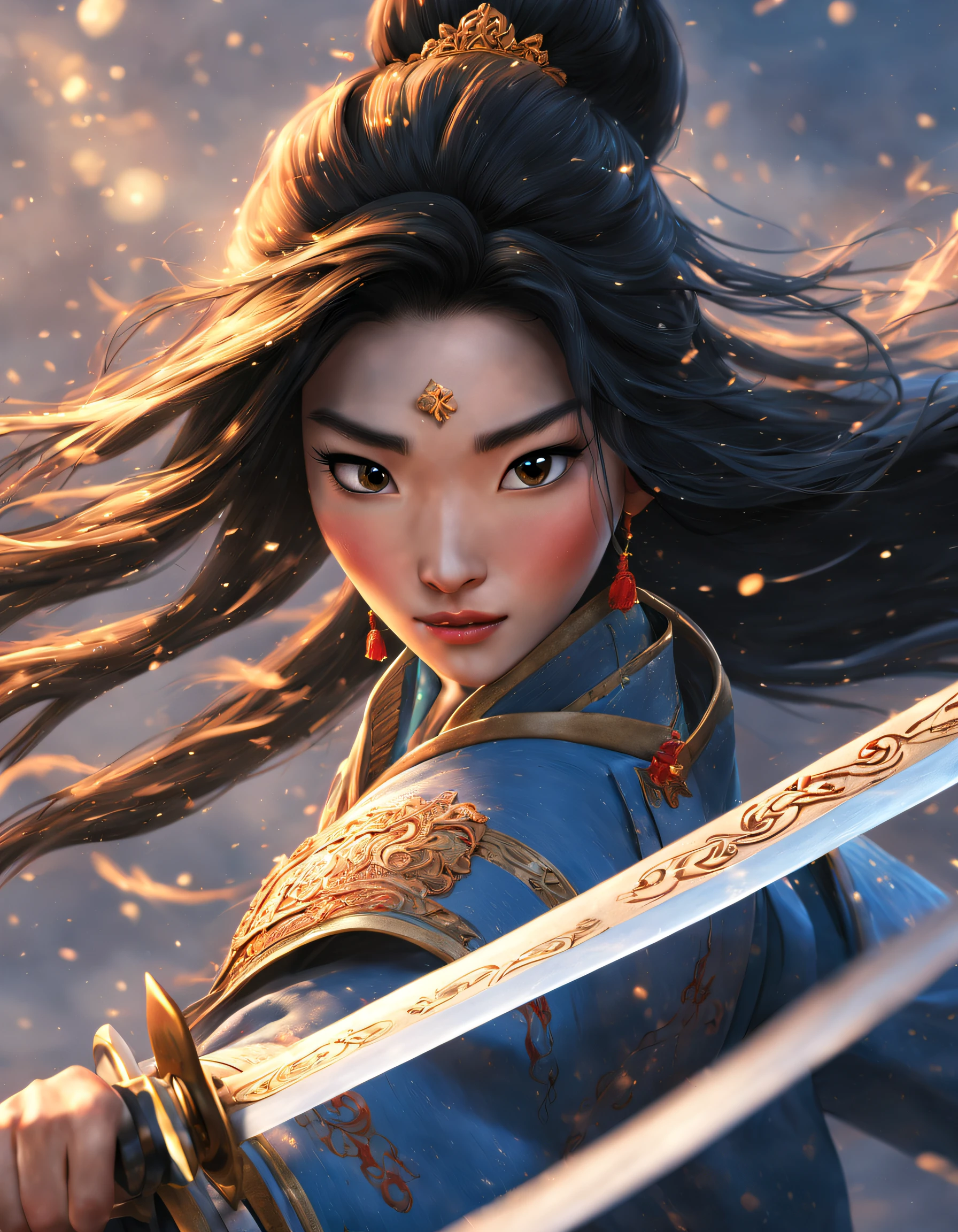 3D rendering of (Mulan and the sword are large close-ups), （A very long sword，Shining with cold light），（A sword with a dragon pattern），The surface of the sword is as smooth as a mirror，Cold light flashes，The hilt of the sword is inlaid with precious jade and wood，Underneath the hilt of the sword is a delicate pendant full of mystery，Mulan wears dark blue armor made of fish scales and iron， The armor was also inlaid with golden stars，floral embroidery，Cloak decorated in black and gold， Very long hair, Ebony hair, Big black eyes, Long eyelashes, Sexy red lips, Resolute expression, disney movie《Mulan》, Martial arts, Kungfu, Chinese exquisite clothing, ，Cut through the clouds, As estrelas，Embroidered background: It was snowing heavily，It was snowing heavily，It was snowing heavily，It was snowing heavily, Dusty,,{{Masterpiece}}, {{{Best quality}}},{{Ultra-detailed}}, {{illustration}},{{Disheveled hair}},{{Masterpiece}},{{{Best quality}}},{{Ultra-detailed}}, {{{illustration}}},{{Disheveled hair}},Clear facial features,close up photograph,,Alphonse Mucha,Pixar style,Cartoon style,beatrix potter ,Refined atmosphere,Intense atmosphere, microscopic view,Close-up(CU),Extreme