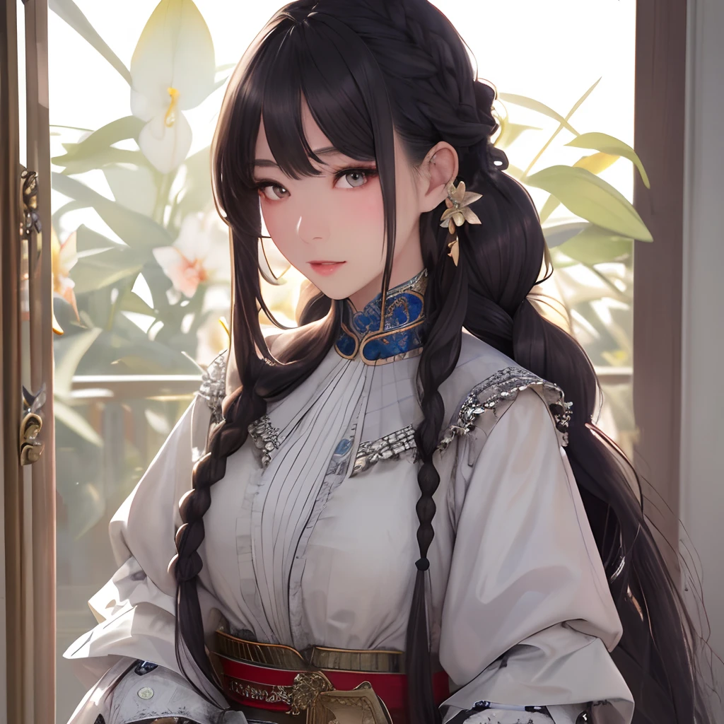 masterpiece、top-quality、hight resolution、High-quality images、8K、Vivid colors、grayscales、skin gloss、Texture of skin and clothing、detaileds、portlate、Detailed eye expression、Lustrous hair、poneyTail、Braided hair、full body Esbian、dong、wand、evening primrose、by mucha、