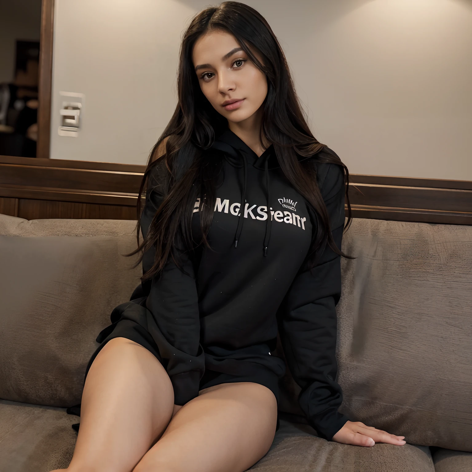 One woman of about 20 years old, black long hair, body measurement 36-25-36, height 5'7", Hazel eyes, wearing oversized hoodie , lying on a couch with a book in her hand, reading book, instagram model, restaurant scene, sleepy mood, relaxing, calm lighting, Full Body full height Shooting, Masterpiece, RAW Photography, 8k, Top Quality, Fine Pore, Photorealistic, Ultra Detailed, (high skin detail:1.2),Extremely detailed,Intricate, sharp-focus