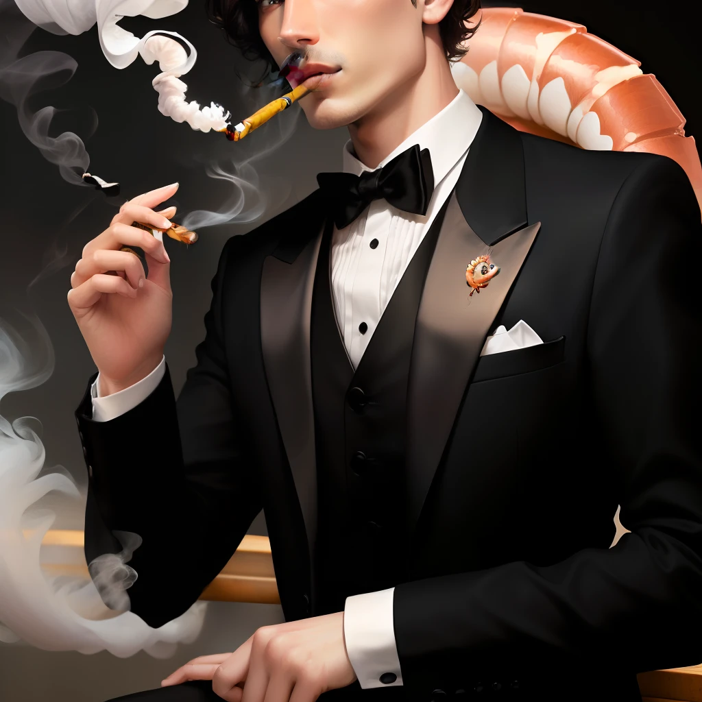 A shrimp wearing a tuxedo smoking a cigar with women surrounding it