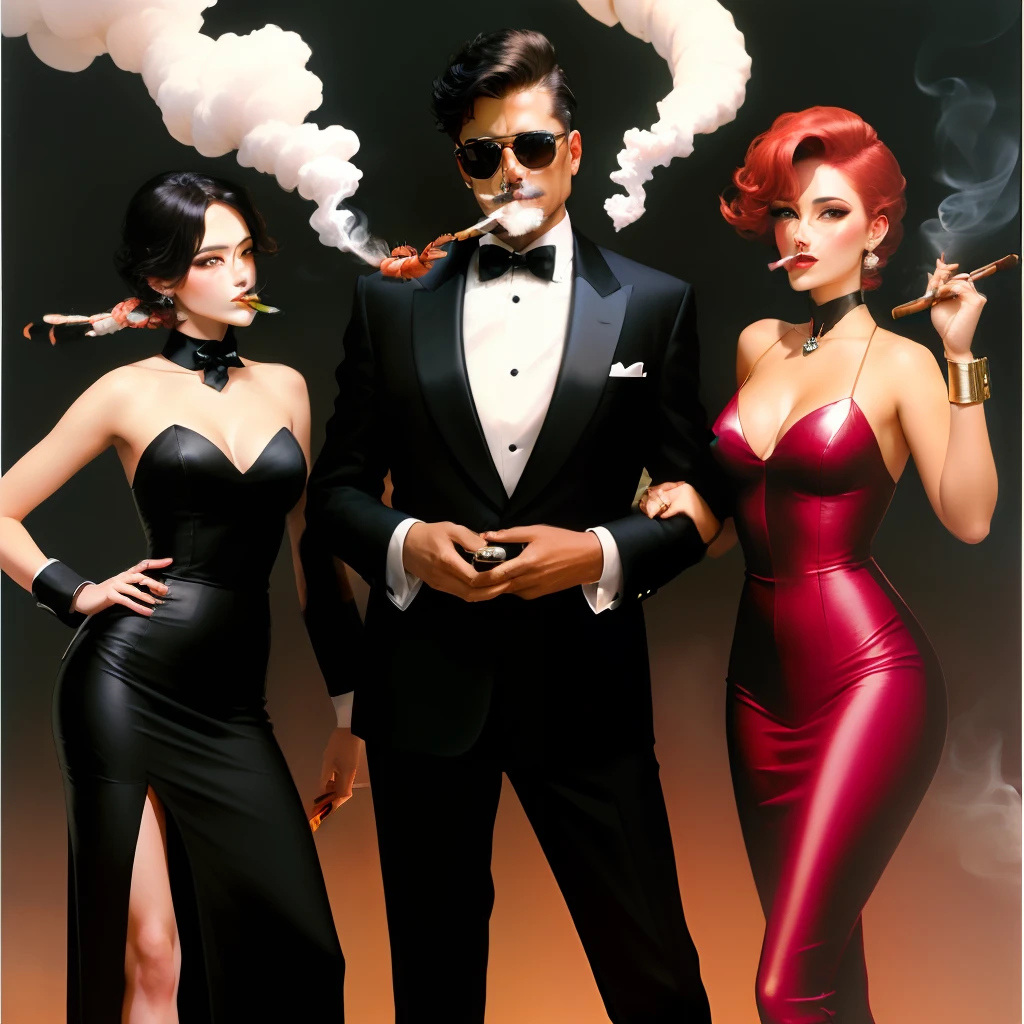 A shrimp wearing a tuxedo smoking a cigar with women surrounding it