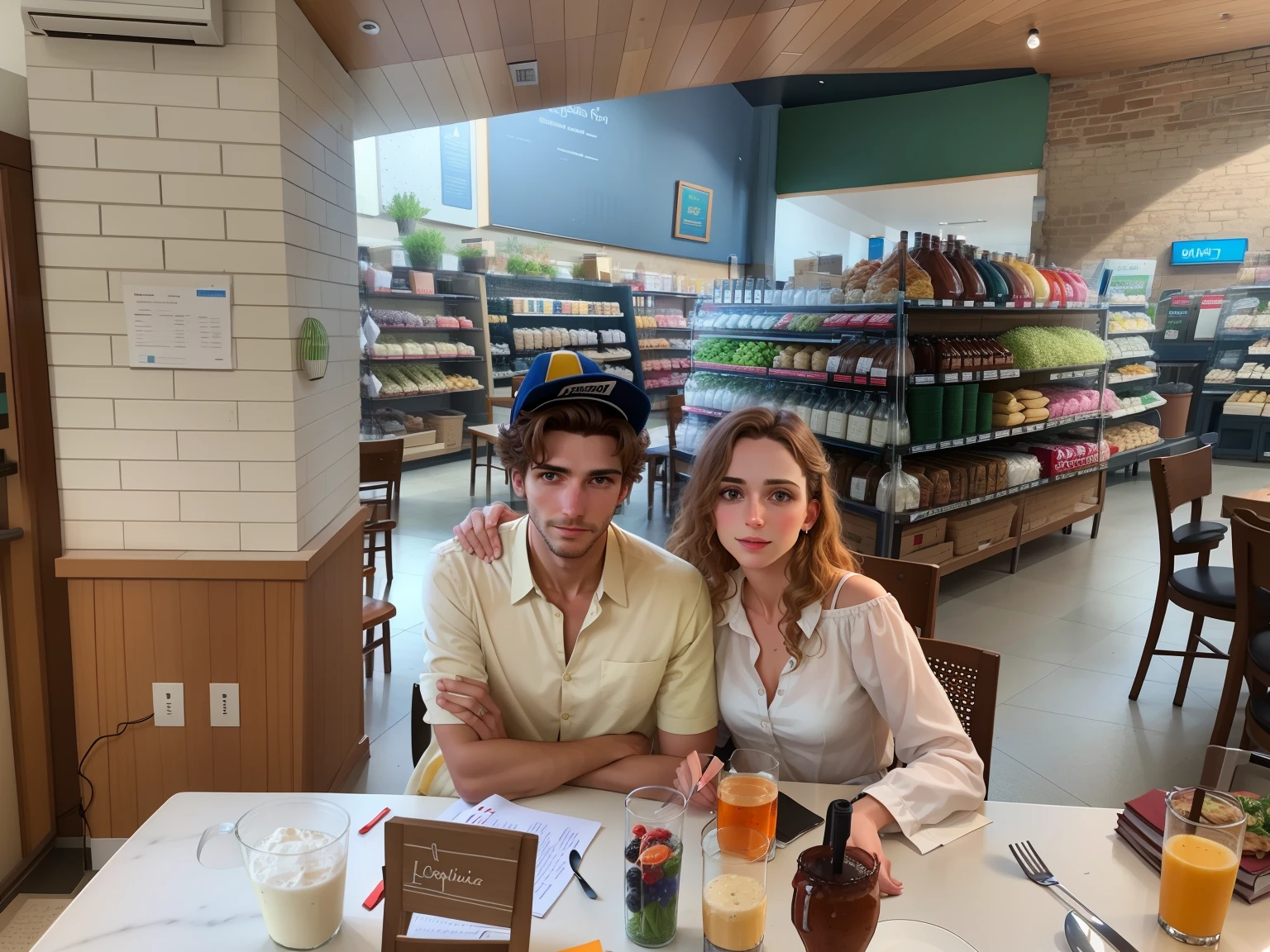There's two people sitting at a table in a store, Foto tirada em 2018, taken in the early 2020s, Directed by: Viktor Oliva, Directed by: Mathias Kollros, Directed by: Matt Cavotta, Directed by: Dan Frazier, Directed by: Daniel Lieske, uma imagem, standing in a restaurant