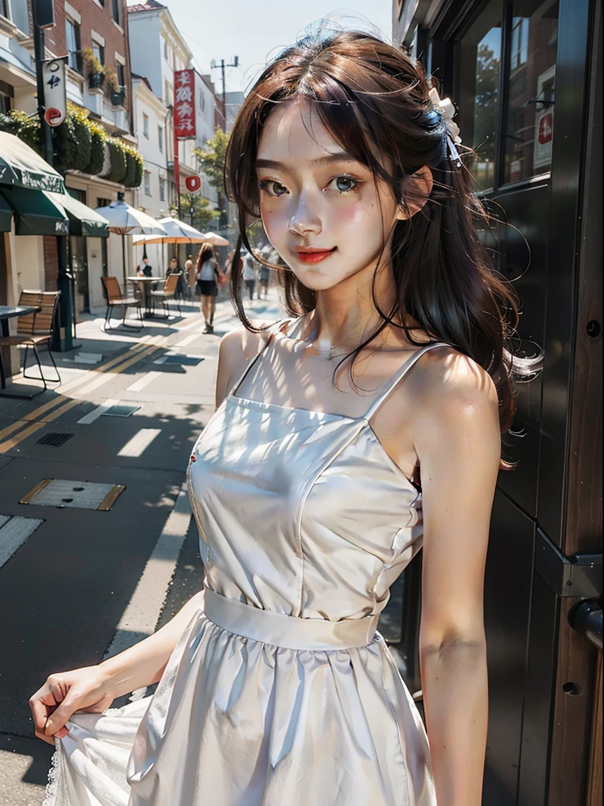 best qualtiy，tmasterpiece，（真实感：1.4），RAW photogr，1girll，white dresses，cropped shoulders，Glowing skin，Light smile
