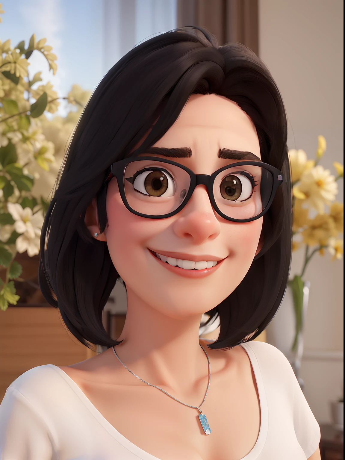 Obra-prima, de melhor qualidade, Shoulder-length black haired lady wearing glasses and wearing a white t-shirt