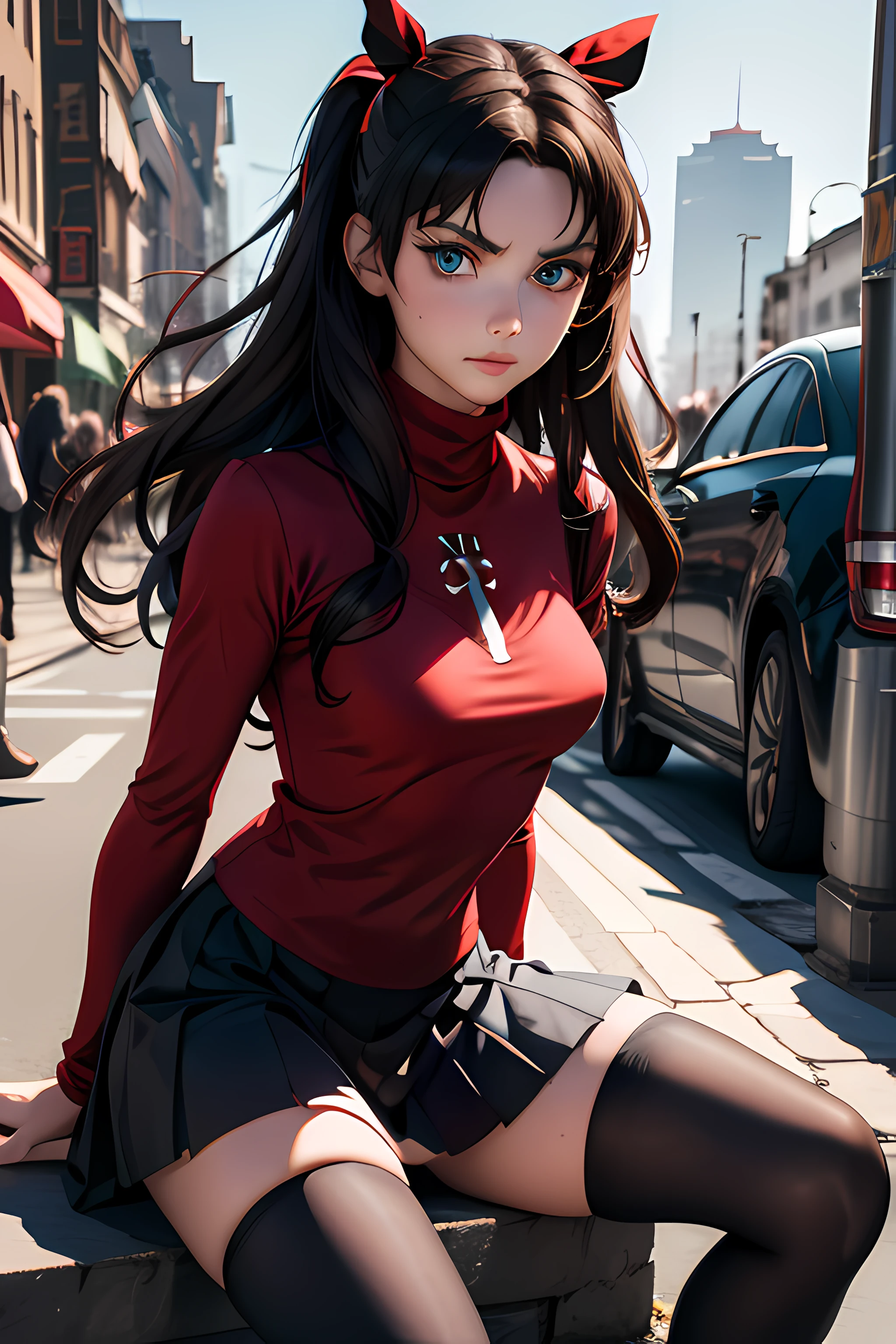 (masterpiece), best quality, expressive eyes, perfect face, 1girl, solo, rintohsaka, rin tohsaka, aqua eyes, black hair, hair ribbon, long hair, ribbon, sidelocks, two side up, black skirt, black thighhighs, long sleeves, miniskirt, pleated skirt, ((red sweater)), skirt, sweater, thighhighs, turtleneck, city background, sitting, character sheet, upper body, portrait, looking at viewer