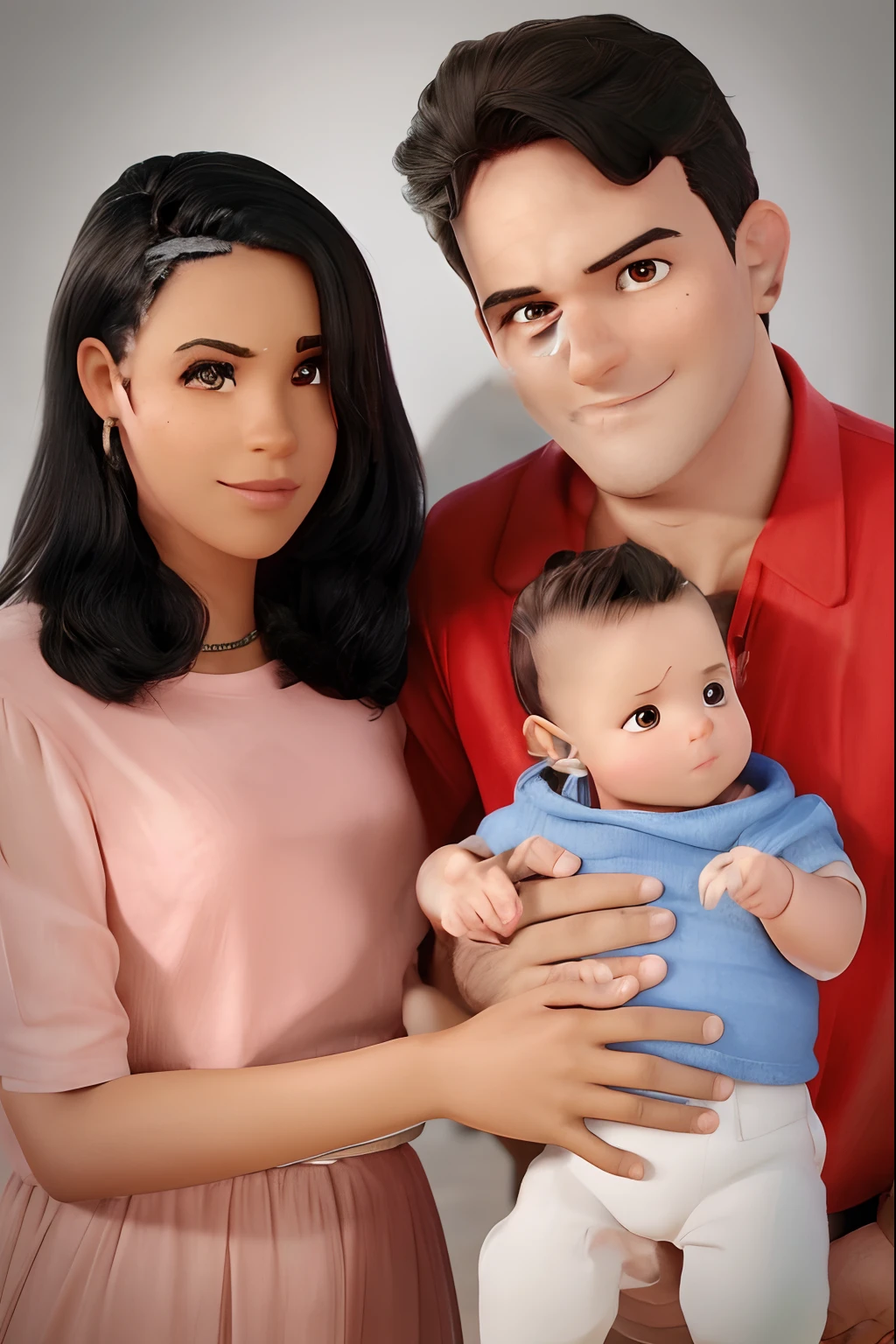 A brown woman with black hair with red baton , junto com um homem branco de cabelos  castanhos e olhos castanhos segurando um bebe branco no colo