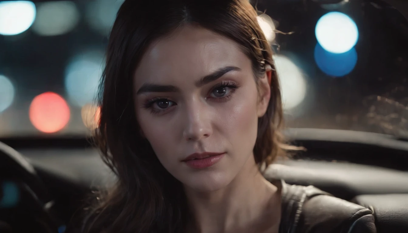 beautiful young woman crying in a car at night, dripping make-up, black make-up, nissan skyline, night lights, cyberpunk city lights, night sky, night drive, ultra detailed, photorealistic, cinematic, masterpiece.