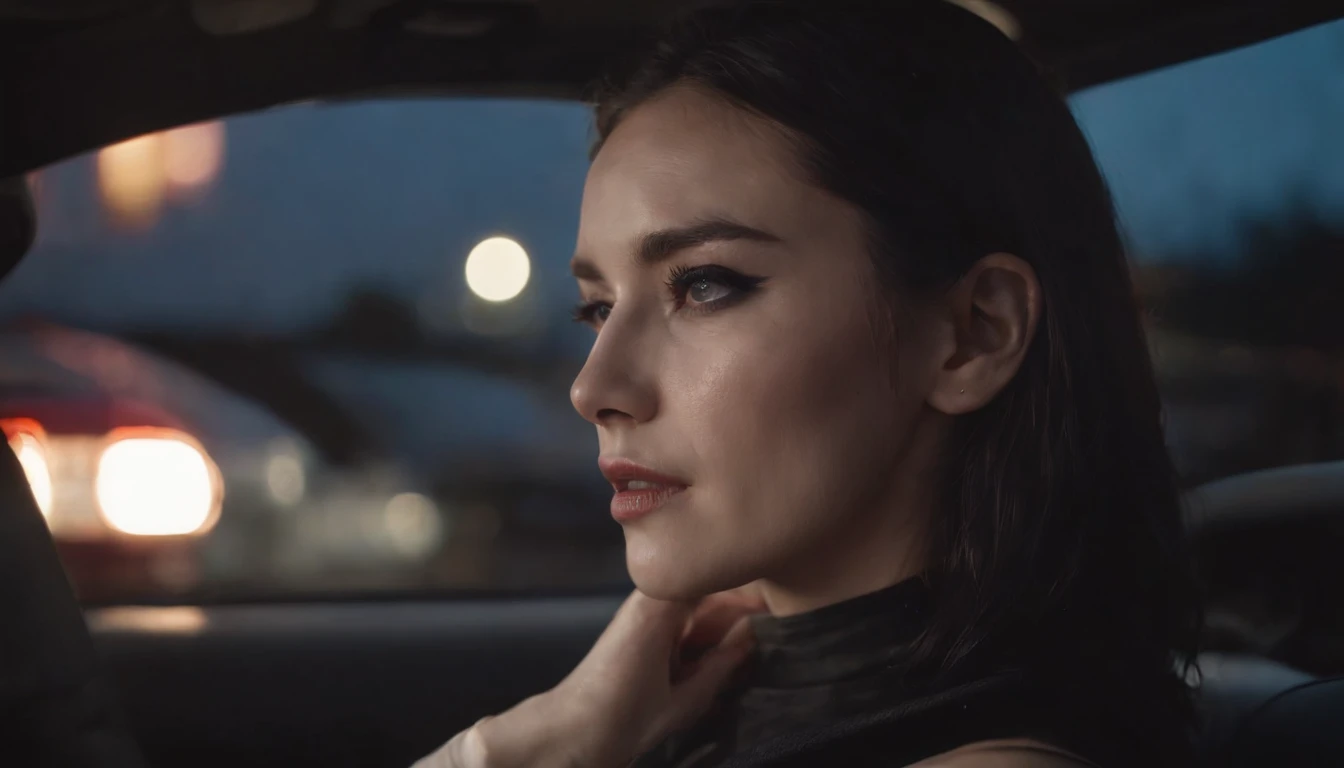 beautiful young woman crying in a car at night, dripping make-up, black make-up, nissan skyline, night lights, cyberpunk city lights, night sky, night drive, ultra detailed, photorealistic, cinematic, masterpiece.