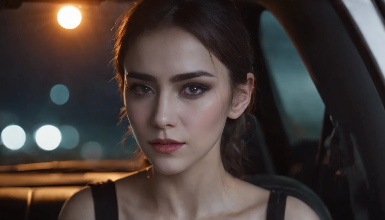 beautiful young woman crying in a car at night, dripping make-up, black make-up, nissan skyline, night lights, cyberpunk city lights, night sky, night drive, ultra detailed, photorealistic, cinematic, masterpiece.