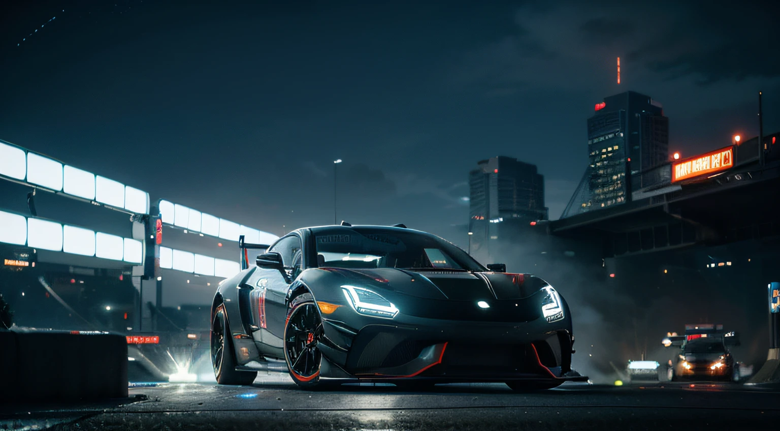 "(best quality,4k,8k,highres,masterpiece:1.2),ultra-detailed,retro-futuristic white car with black details and vibrant red accents, multiple futuristic cars, cyberpunk track, race, multiple opponents, drift, dangerous curve, night, intense atmosphere, neon lights, high-speed motion blur, dynamic camera angles, adrenaline rush, sleek and aerodynamic design, futuristic technology, glowing exhaust pipes, futuristic cityscape in the background, holographic displays, energy shields, futuristic racing suits, intense competition, thrilling action, futuristic sound effects, immersive virtual reality experience, non-stop action-packed race, futuristic power-ups, exciting overtakes, intense rivalry, high stakes, futuristic adrenaline-fueled race"