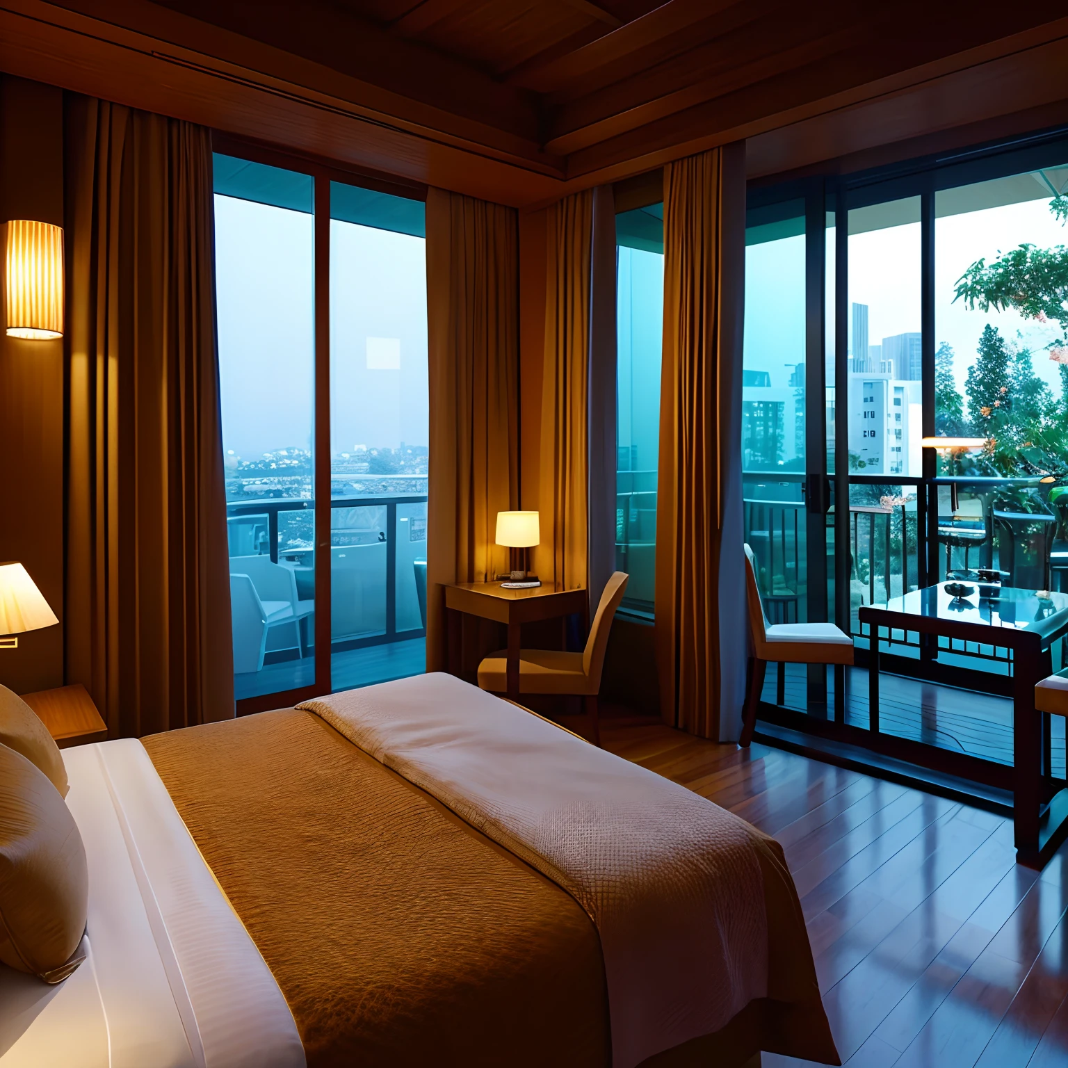 ((masutepiece)), ((Best Quality)), (Ultra-detailed), Clean room、Luxury hotels、guestroom、nighttime scene